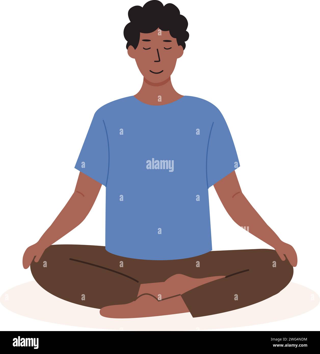 Young african male meditating and doing yoga breathing exercise. Man practicing Pranayama and Meditation. Flat vector illustration isolated on white b Stock Vector