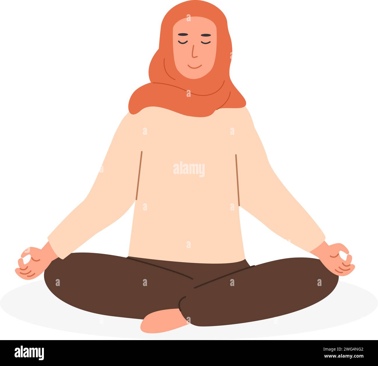 Modern young muslim female with crossed legs and closed eyes meditating and performing yoga breathing exercise. Woman practicing Pranayama and meditat Stock Vector