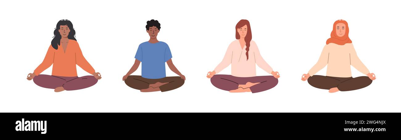 Set of diverse female and male people meditating and doing yoga breathing exercise. Woman and man practicing meditation. Vector illustration character Stock Vector