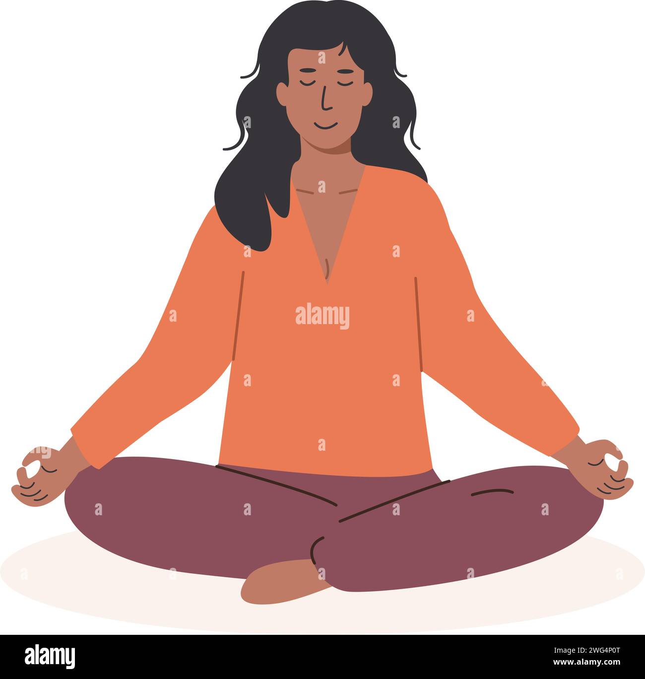 Young african black skin female meditating and doing yoga breathing exercise. Women character practicing Pranayama and meditation. Flat style vector i Stock Vector