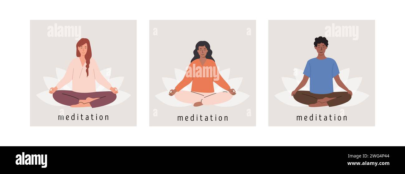 Set of square posters with diverse female and male people meditating on lotus flower and doing yoga breathing exercise. Woman and man practicing Prana Stock Vector
