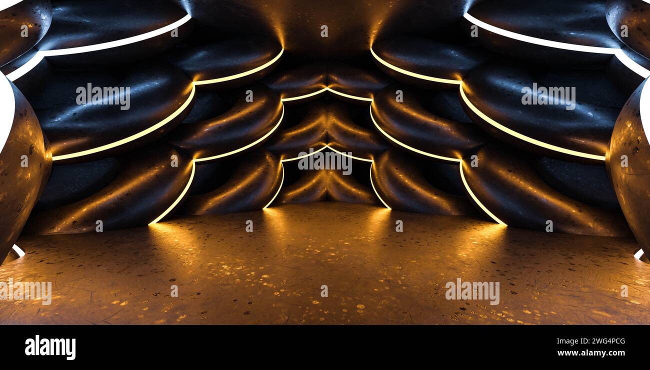 Abstract Black futuristic room with golden lighting 3d render ...