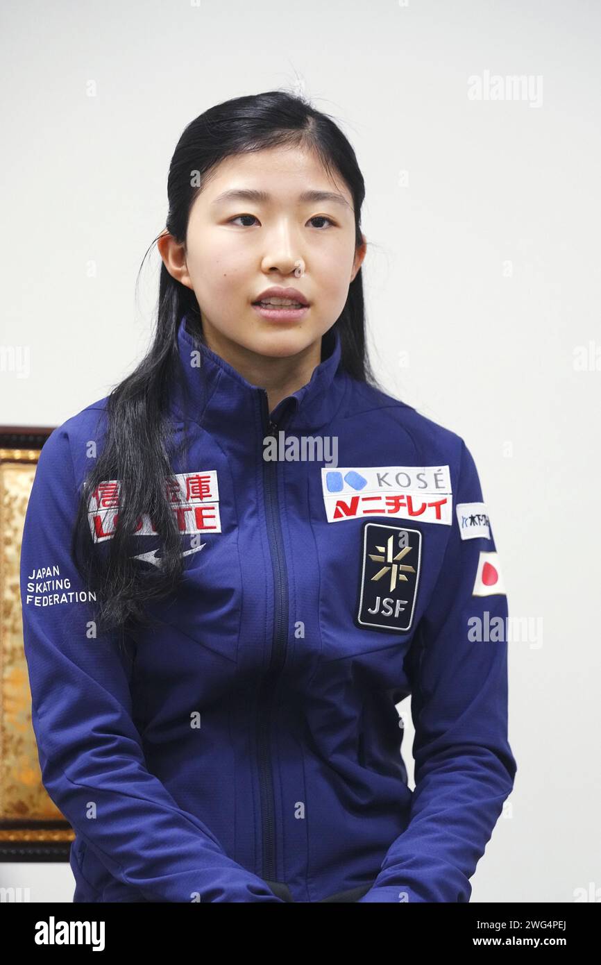 Mone Chiba of Japan meets the press in Shanghai on Feb. 3, 2024, a day