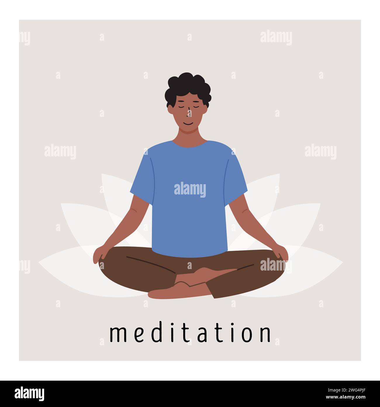 Square poster with young african male meditating on lotus flower and doing yoga breathing exercise. Man practicing Pranayama. Card with capture Medita Stock Vector