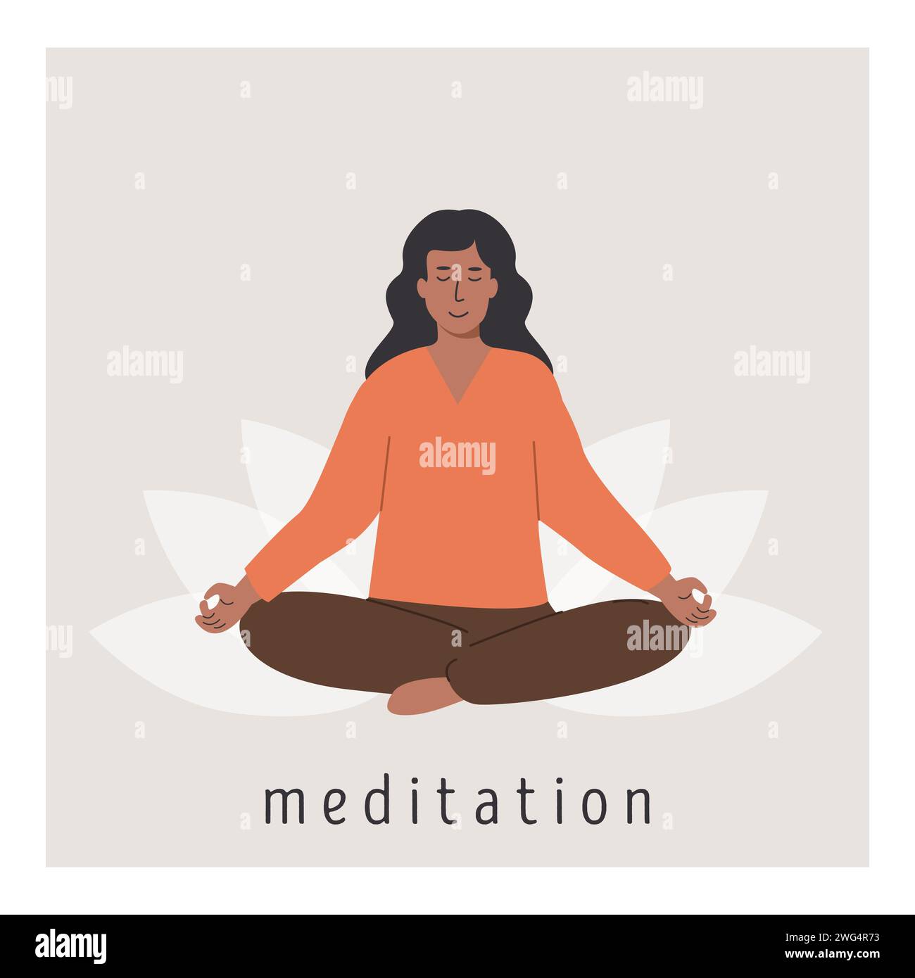 Square poster with young african female meditating on lotus flower and doing yoga breathing exercise. Women practicing Pranayama. Card with capture Me Stock Vector