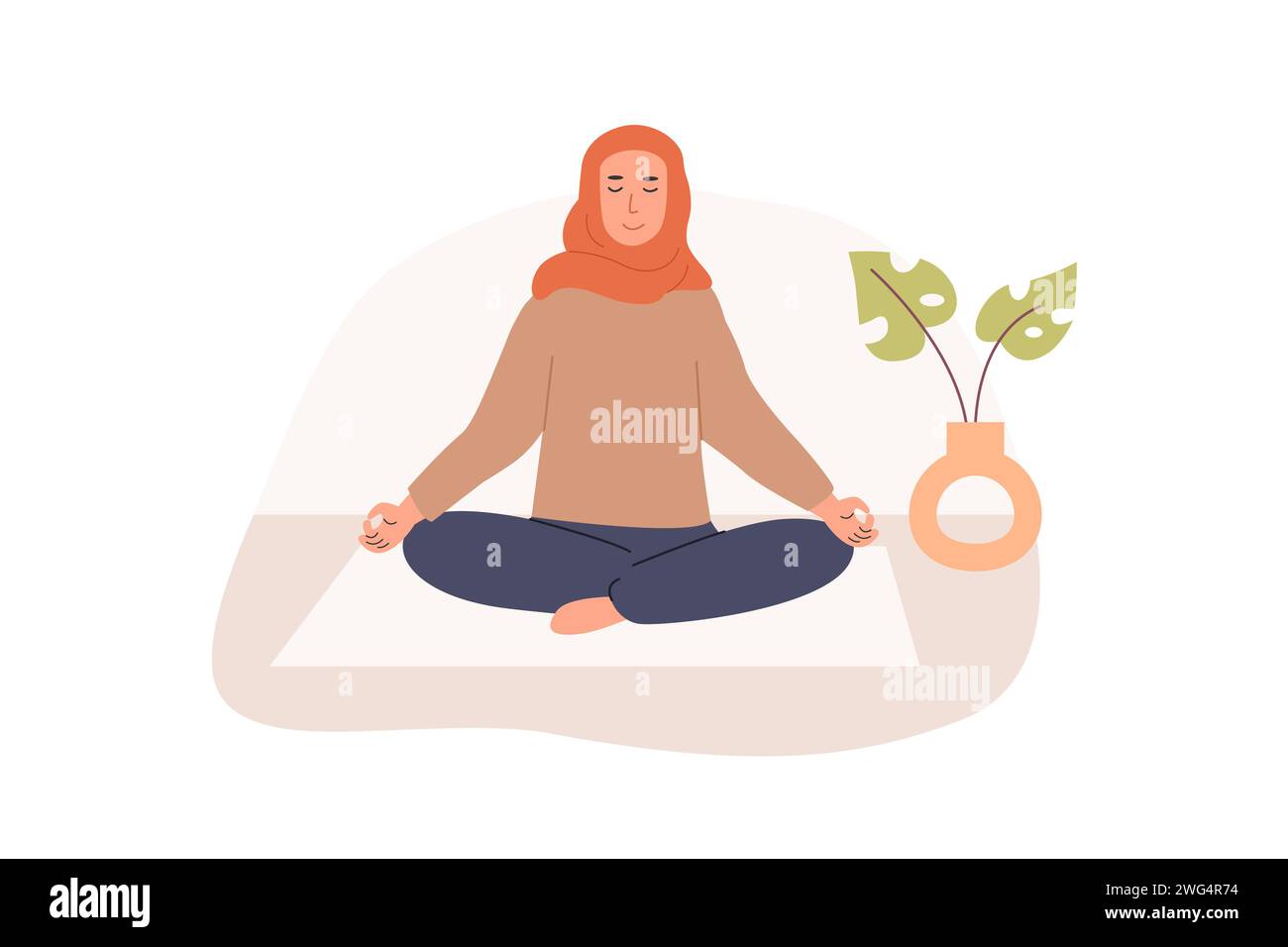 Modern young muslim female with crossed legs and closed eyes meditating indoors and performing yoga breathing exercise. Women practicing Pranayama and Stock Vector