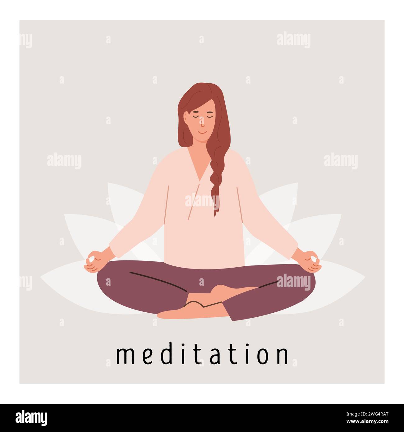 Square poster with young female meditating on lotus flower and doing yoga breathing exercise. Woman practicing Pranayama. Card with capture Meditation Stock Vector