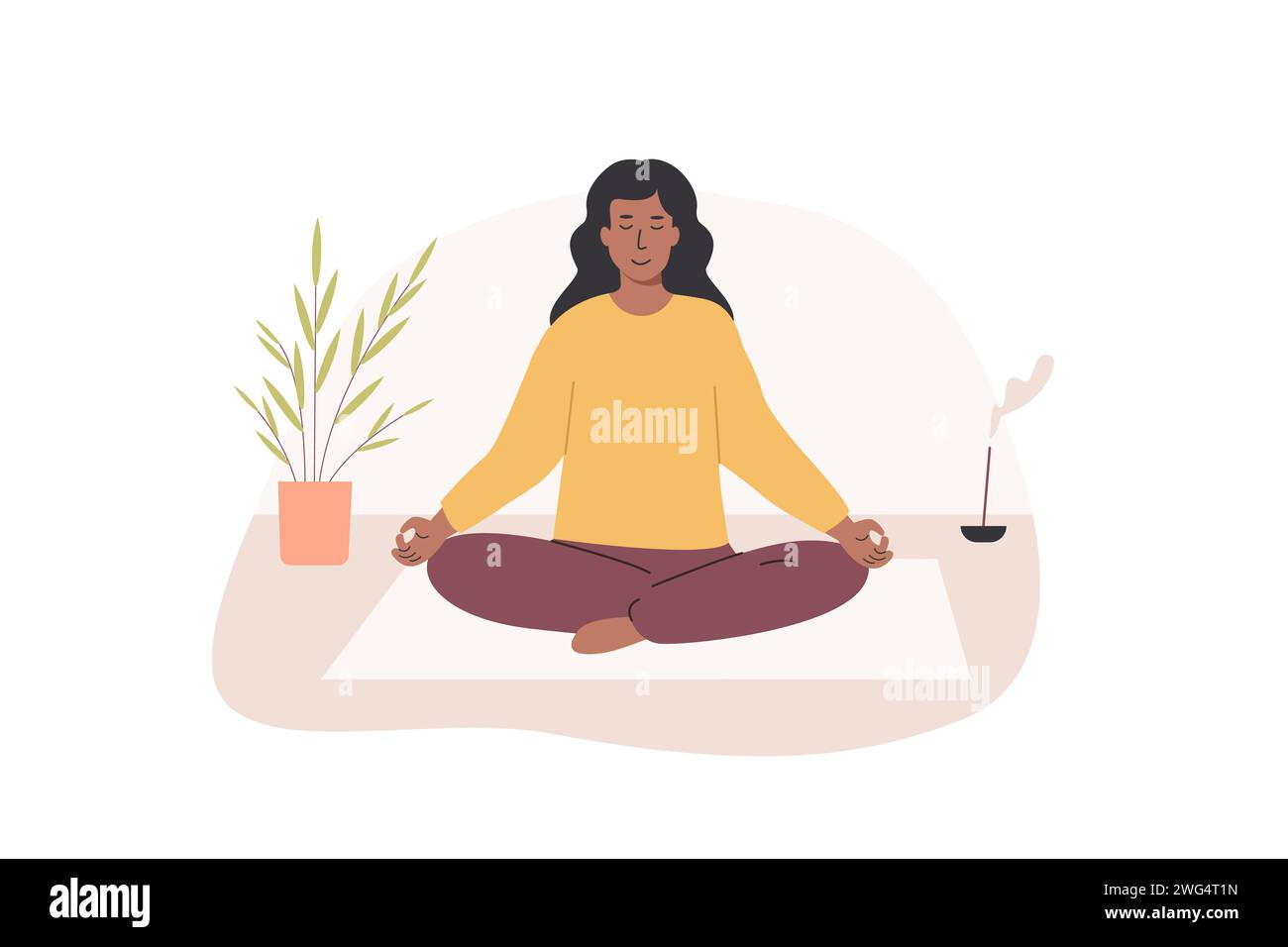 Young african female with crossed legs and closed eyes meditating indoors and performing yoga breathing exercise. Women practicing Pranayama and medit Stock Vector