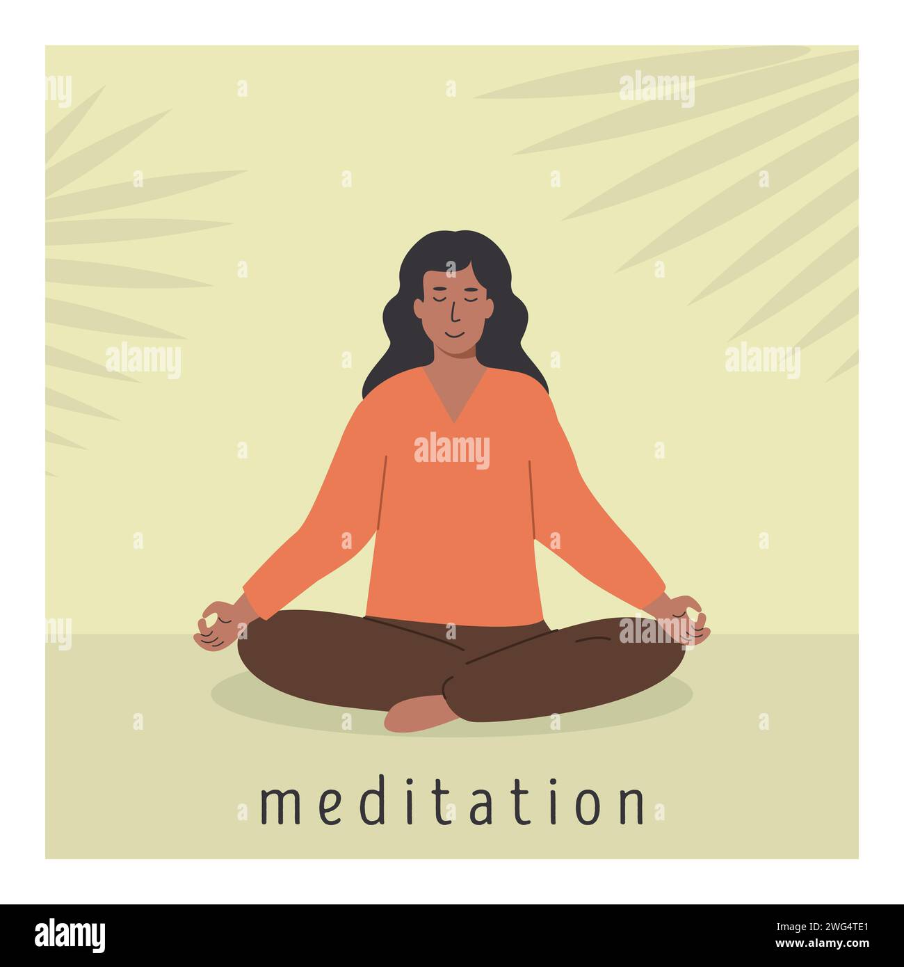 Square poster with young african female meditating and doing yoga breathing exercise. Woman practicing Pranayama. Card with capture Meditation with pa Stock Vector