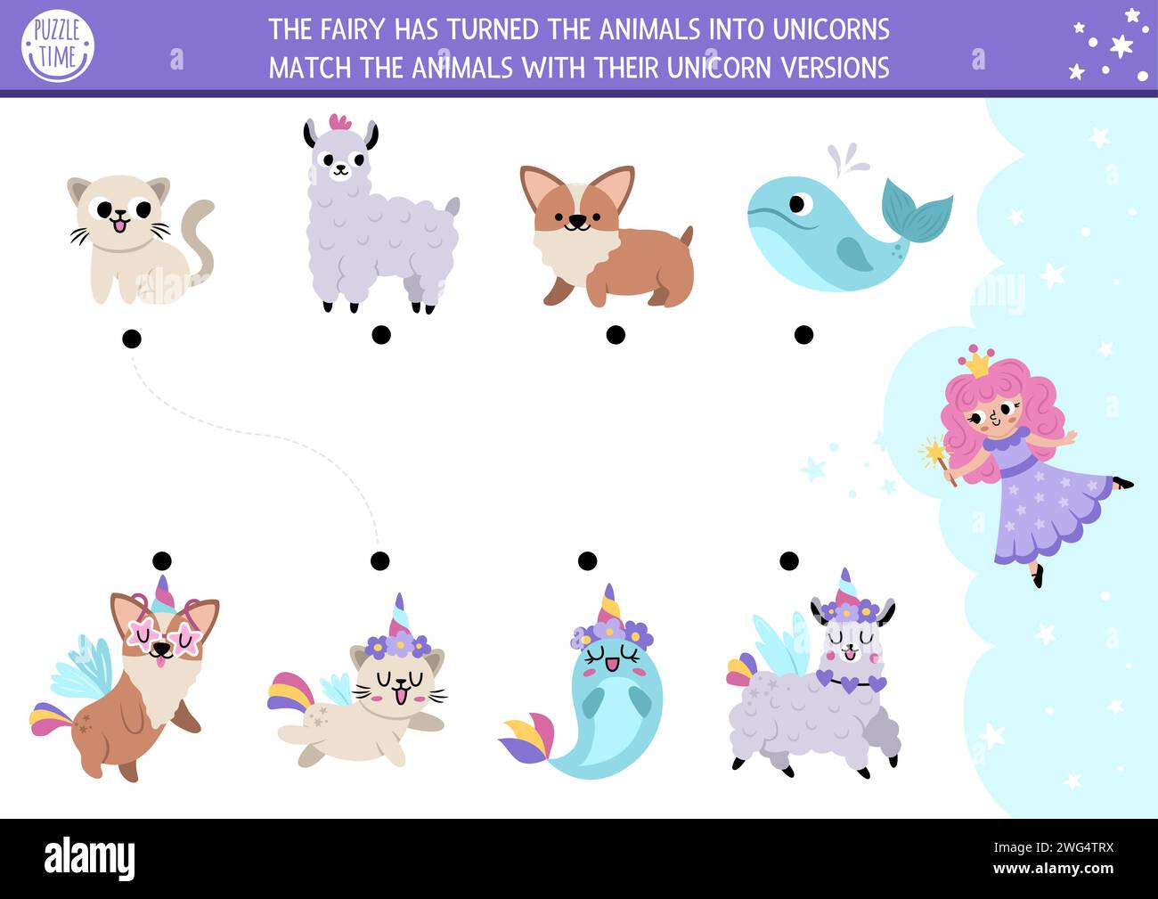 Unicorn matching activity with cute fantasy creatures with horns funny