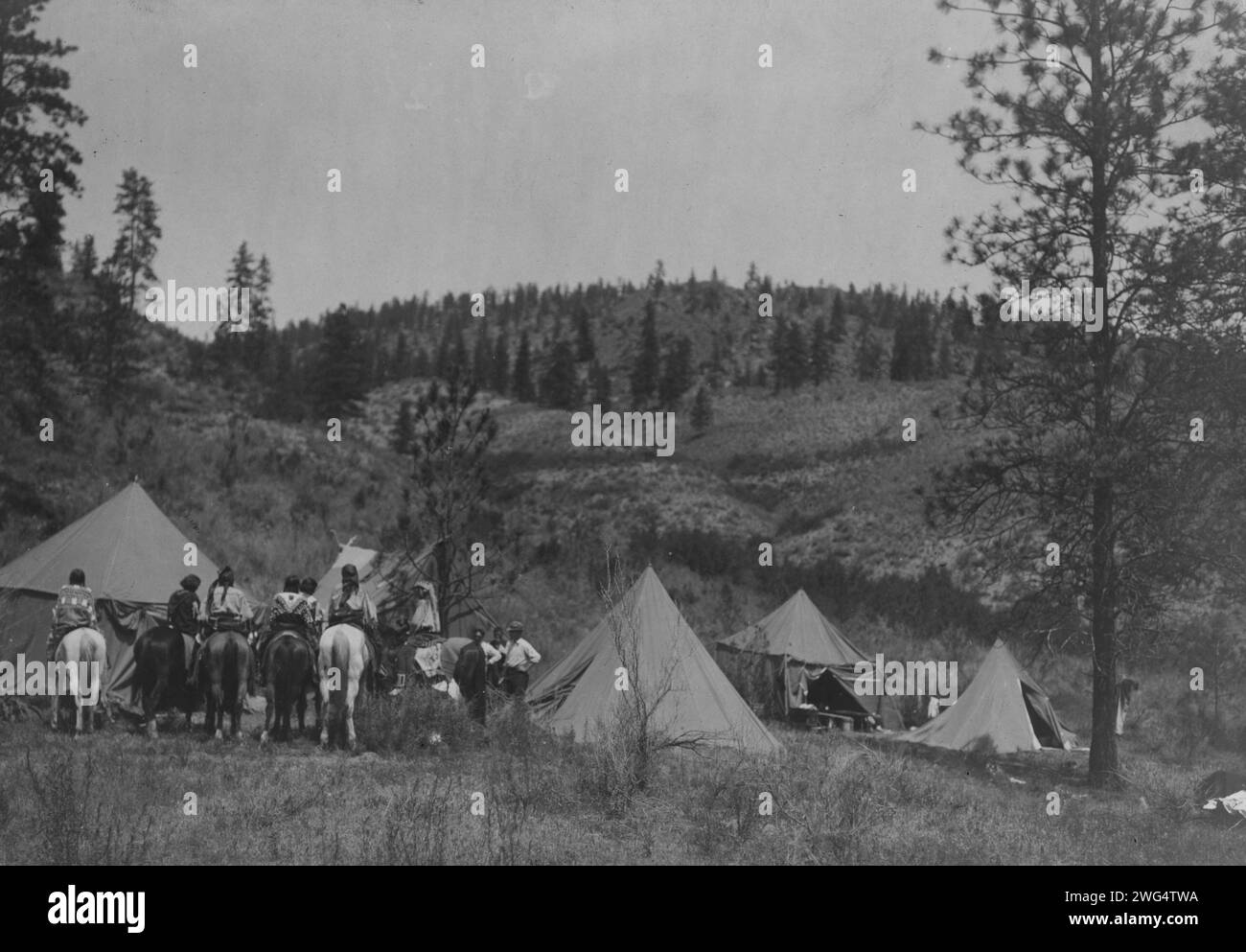 Author's camp among the Spokan, c1910. Five tents erected in a clearing, Edward S. Curtis in center, Spokane men and women on horseback on the left. Stock Photo