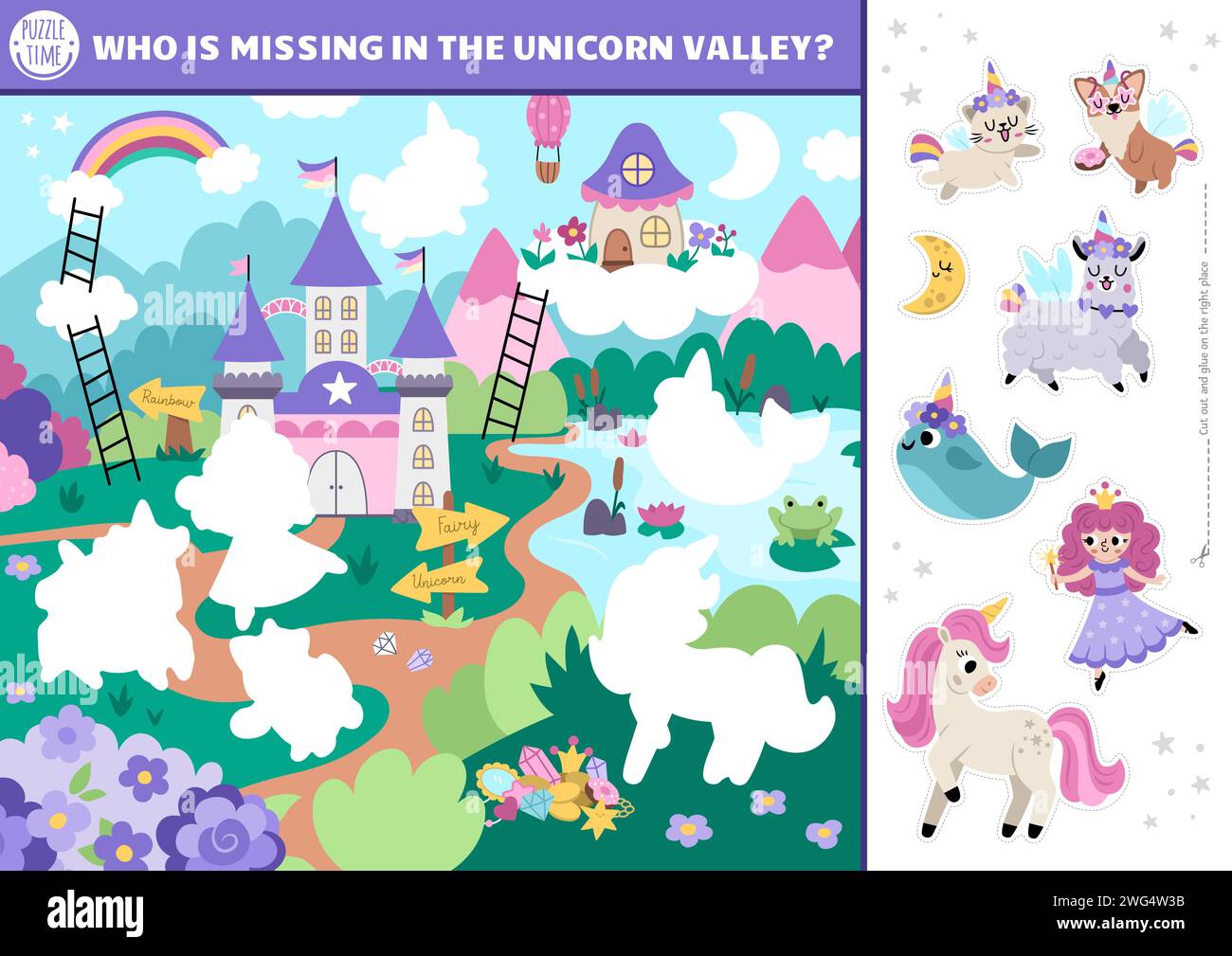 Vector unicorn cut and glue activity. Crafting game with cute magic village landscape and characters. Fairytale printable worksheet. Find the right pi Stock Vector