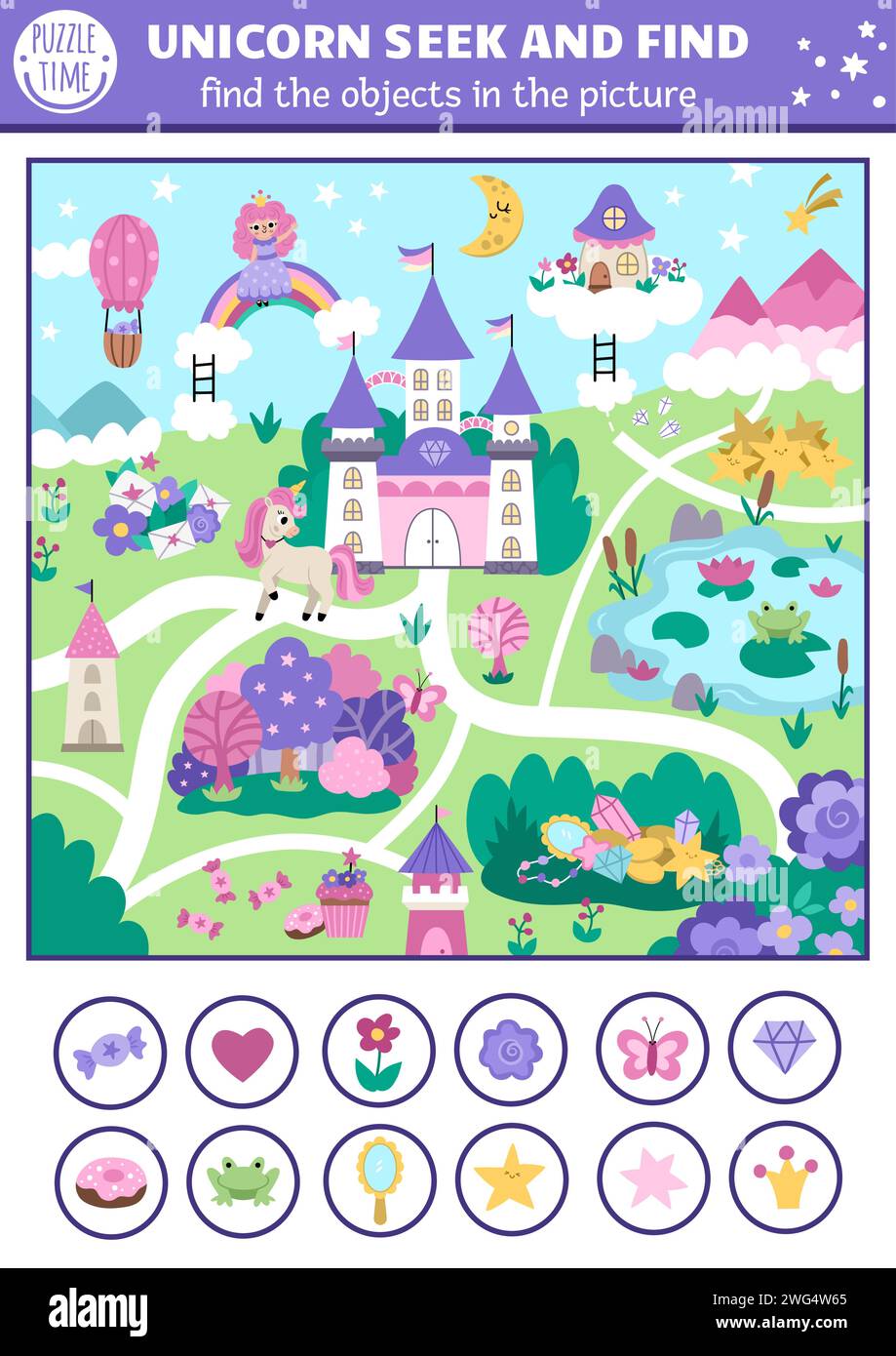 Unicorn vector searching game with magic village landscape. Spot hidden objects. Simple fantasy or fairytale world seek and find printable activity fo Stock Vector