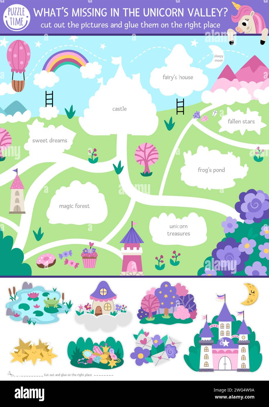 Vector unicorn cut and glue activity. Crafting game with cute magic village landscape map. Fairytale printable worksheet for children. Find the right Stock Vector