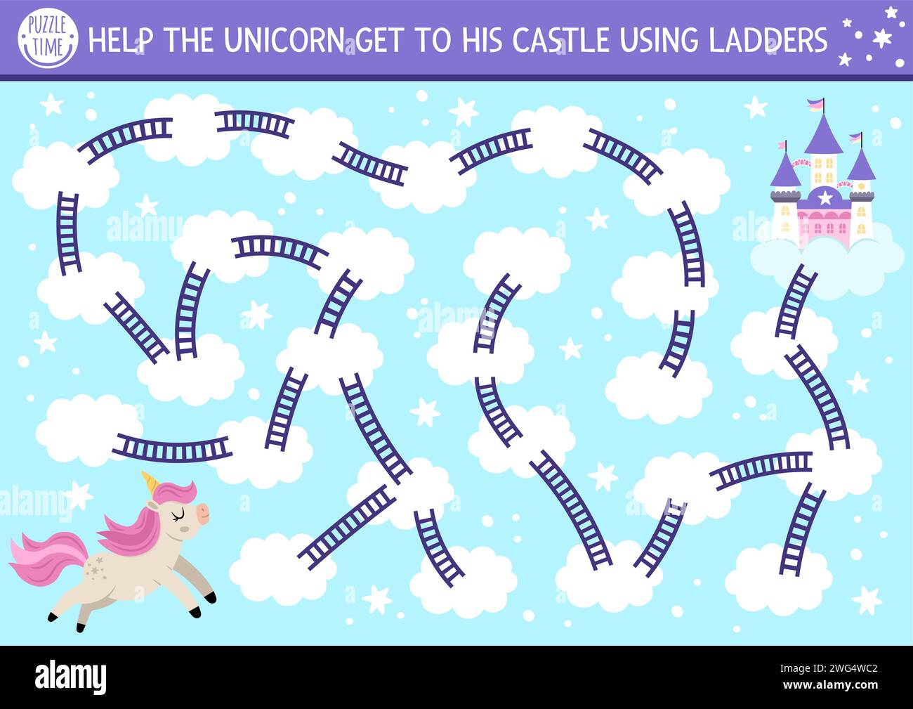 Unicorn maze for kids with sky, rainbow. Magic world preschool printable activity. Simple ...