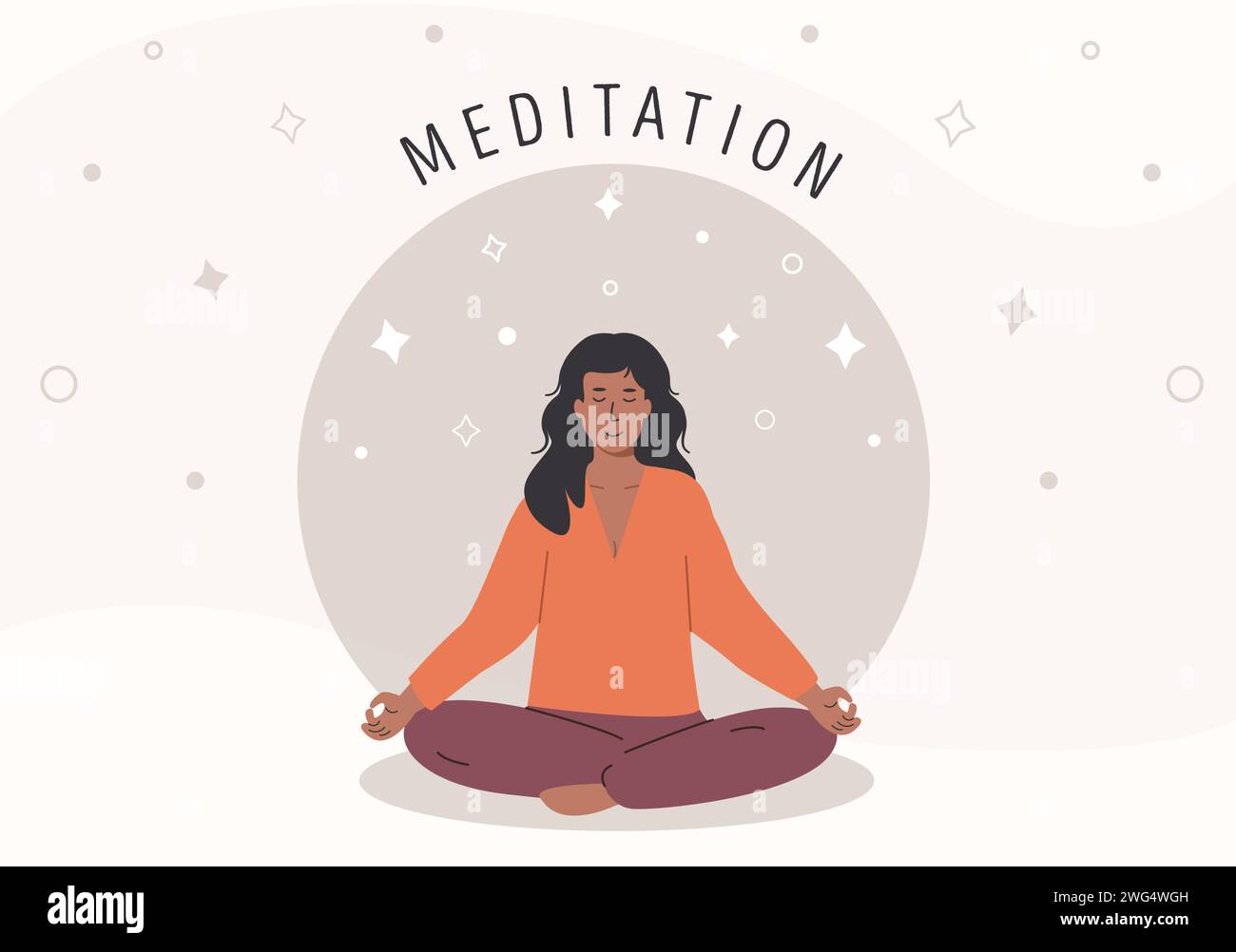 Horizontal poster with young african female meditating and doing yoga breathing exercise. Women practicing Pranayama and meditation. Flat vector illus Stock Vector