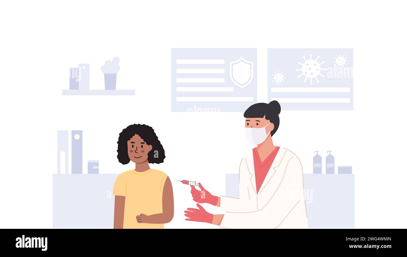 An afro schoolgirl at hospital getting vaccinated. A nurse or doctor wearing face mask and holding syringe with vaccine jab. Children Covid Vaccinatio Stock Vector