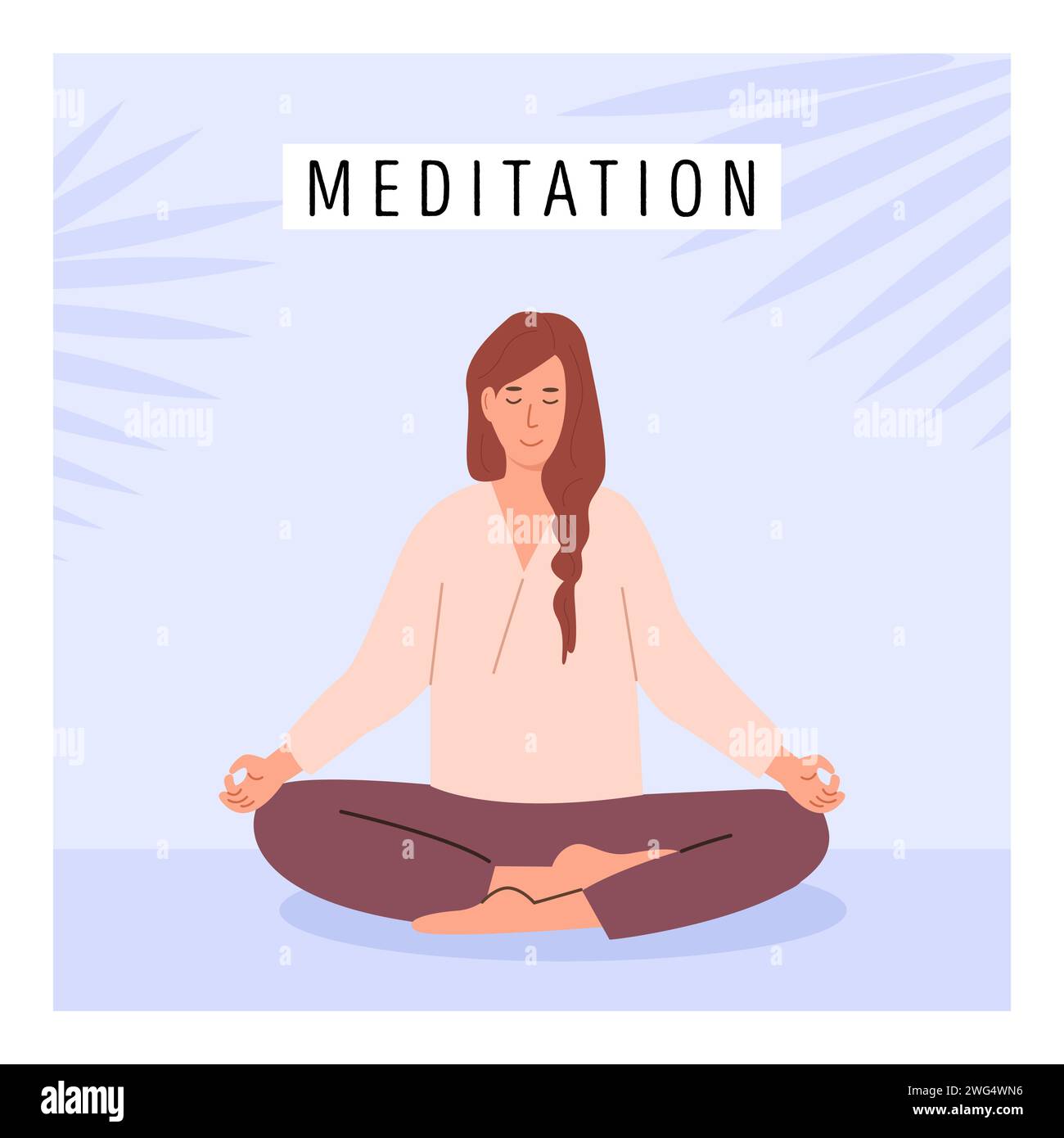 Square poster with young female meditating and doing yoga breathing exercise. Woman practicing Pranayama. Card with capture Meditation with palm leave Stock Vector