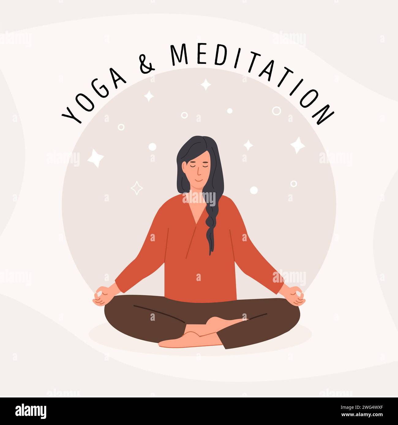 Square card with young woman meditating and doing yoga breathing exercise. Woman practicing Pranayama and meditation. Poster template. Flat style vect Stock Vector