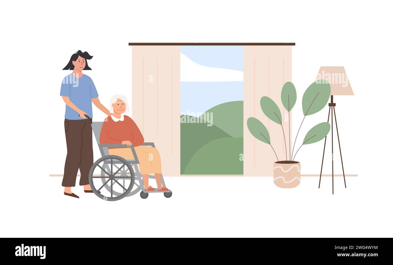 Concept of assisted living. A caregiver with old age woman on
