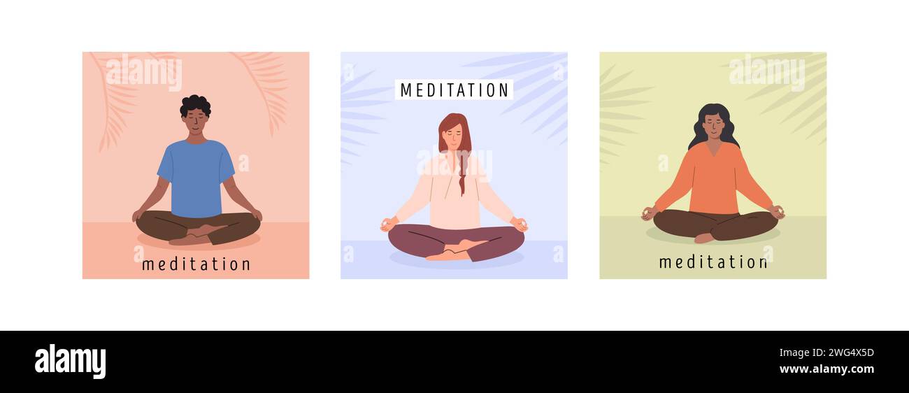 Set of square posters with diverse young male and female people meditating and doing yoga breathing exercise. Cards with capture Meditation with palm Stock Vector