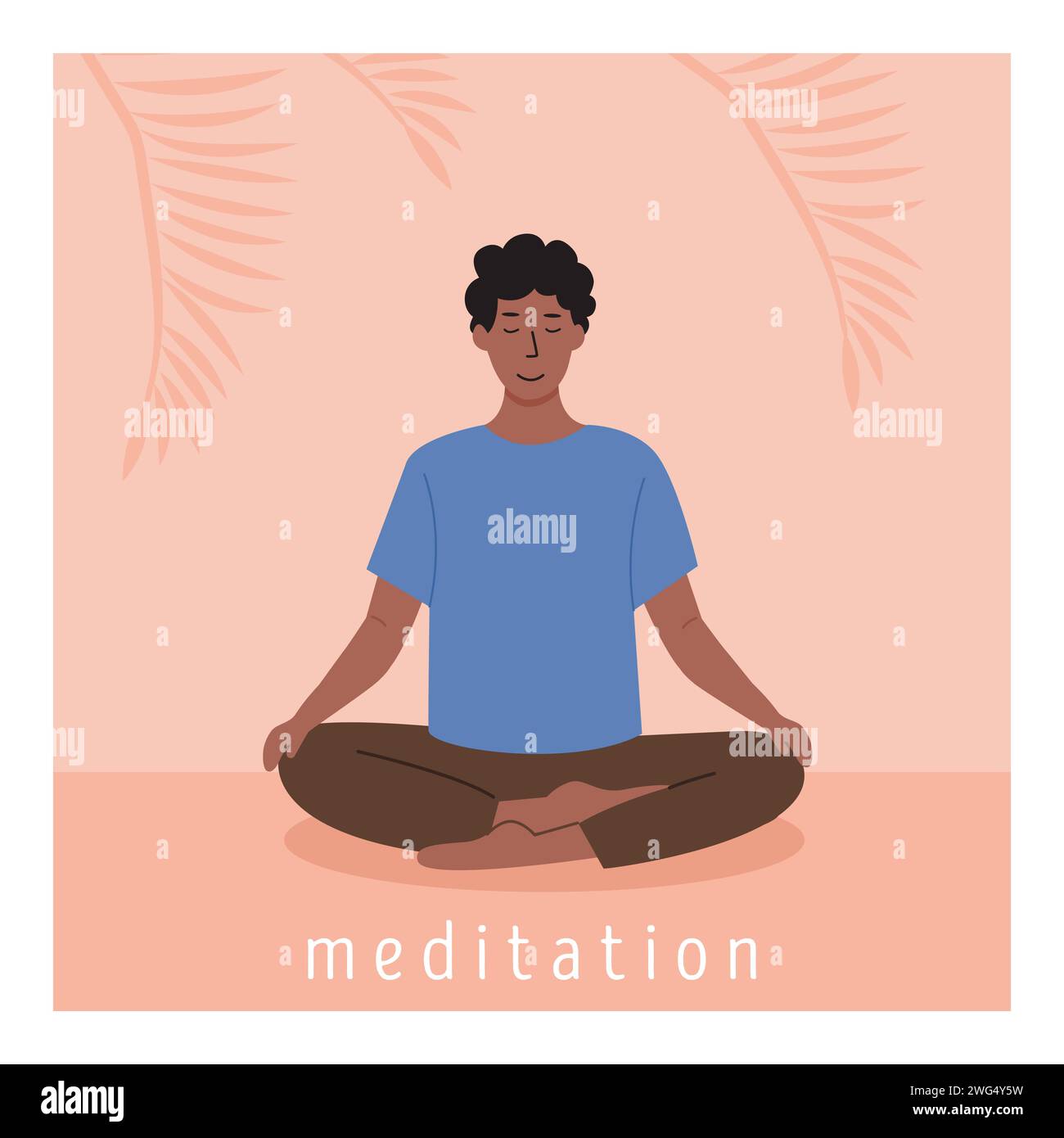 Square poster with young african male meditating and doing yoga breathing exercise. Man practicing Pranayama. Card with capture Meditation with palm l Stock Vector