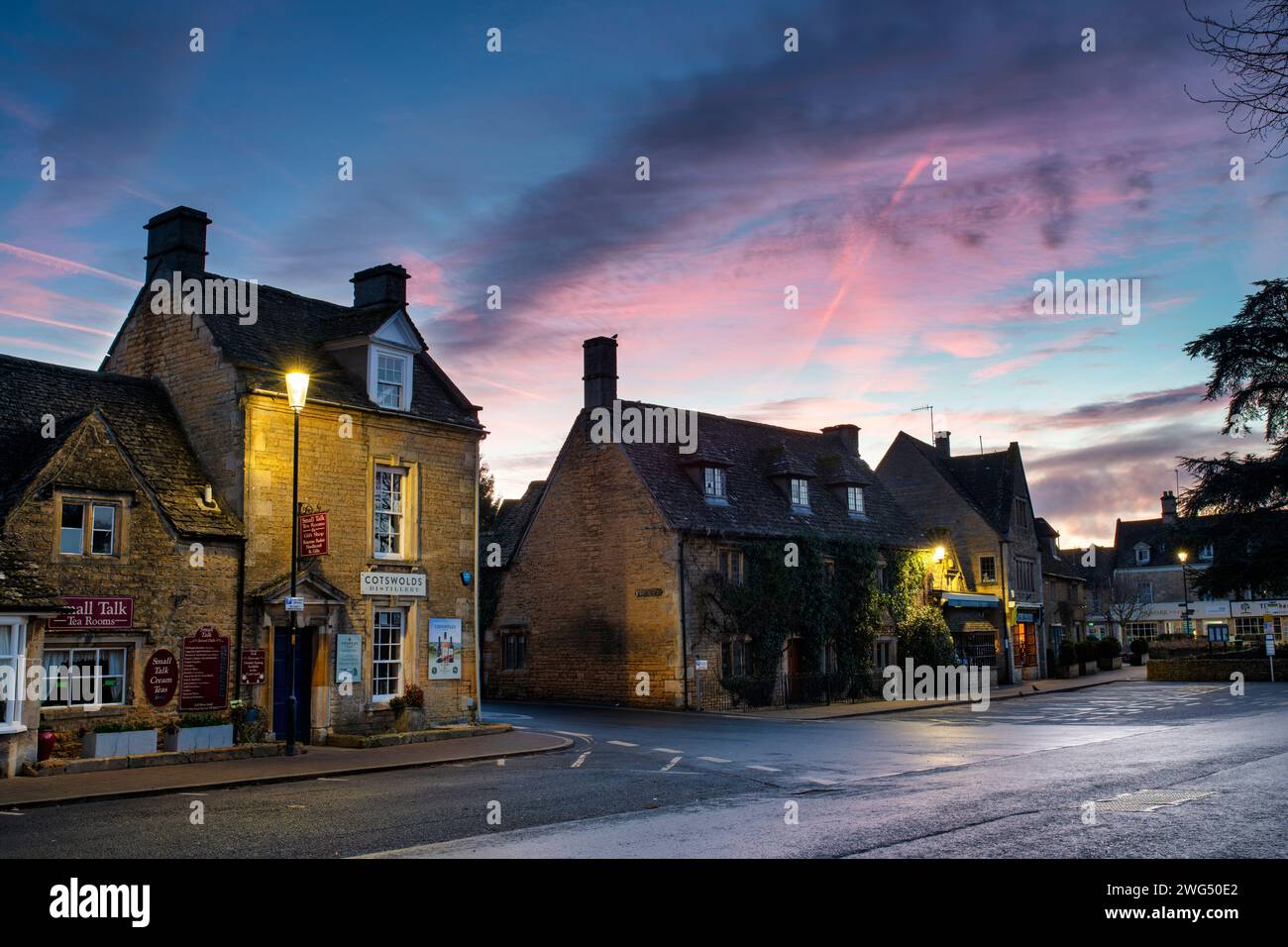 The Cotswolds Distillery shop in Bourton on the Water at dawn. Bourton