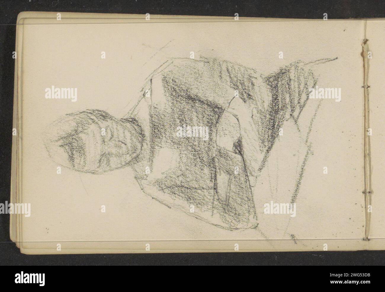 Reading young woman, c. 1880 - c. 1900  The woman is sitting with the arms over each other and has knocked down her eyes on a book in her lap. Leaf 9 Verso from a sketchbook with 29 sheets.  paper. pencil  reading. arms crossed Stock Photo