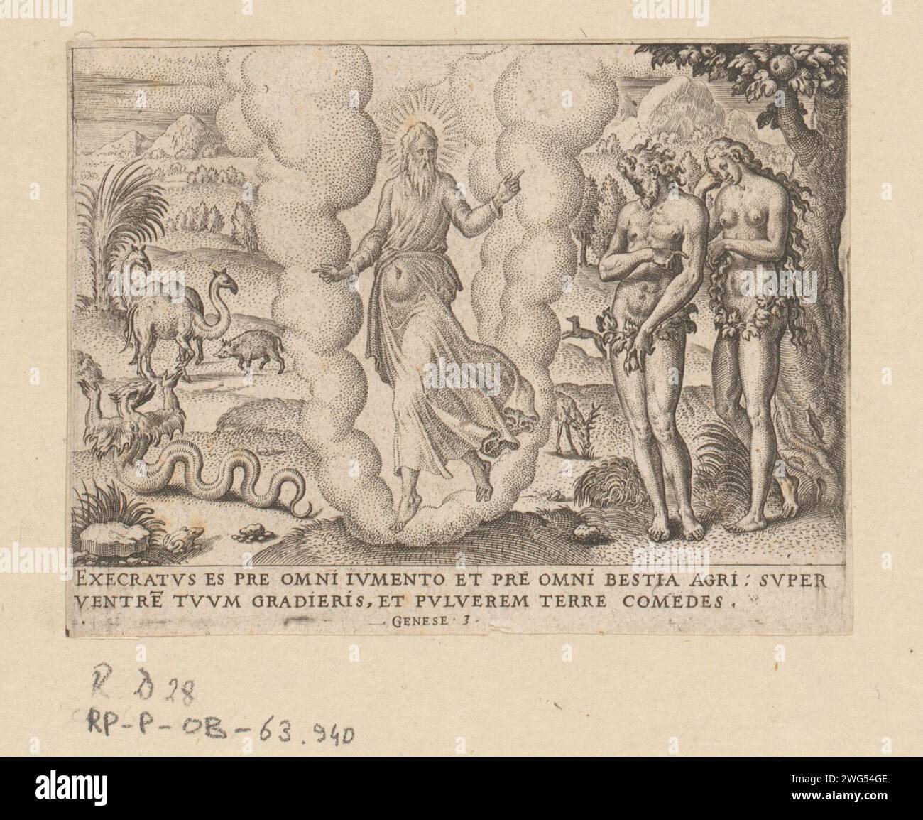 God blames Adam and Eva their sin and curses the snake, Etienne Delaune (Possible copy after), in or after 1569 print  France paper engraving Temptation and Fall: Adam and Eve in paradise (after the Fall) (Genesis 3:8-21) Stock Photo