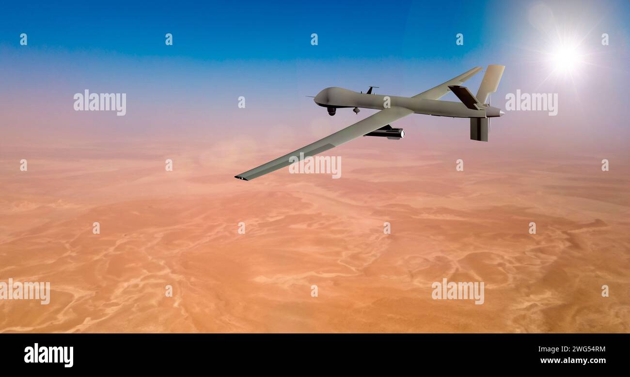 MQ military drone flying over desert on the Middle East Stock Photo