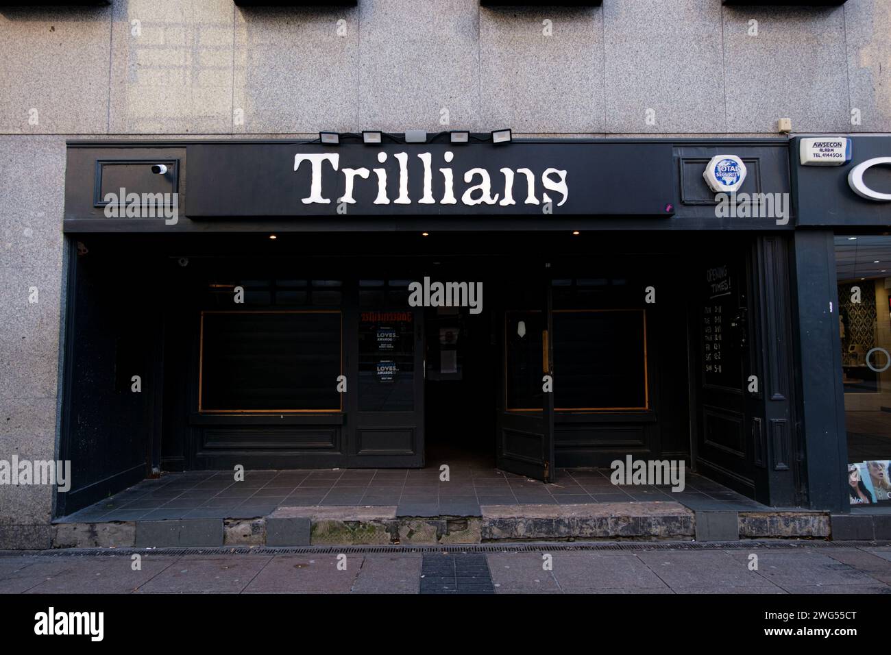 Newcastle upon Tyne: 15th Jan 2024: Trillians Rock Bar exterior in Newcastle a famous metal and rock music pub Stock Photo