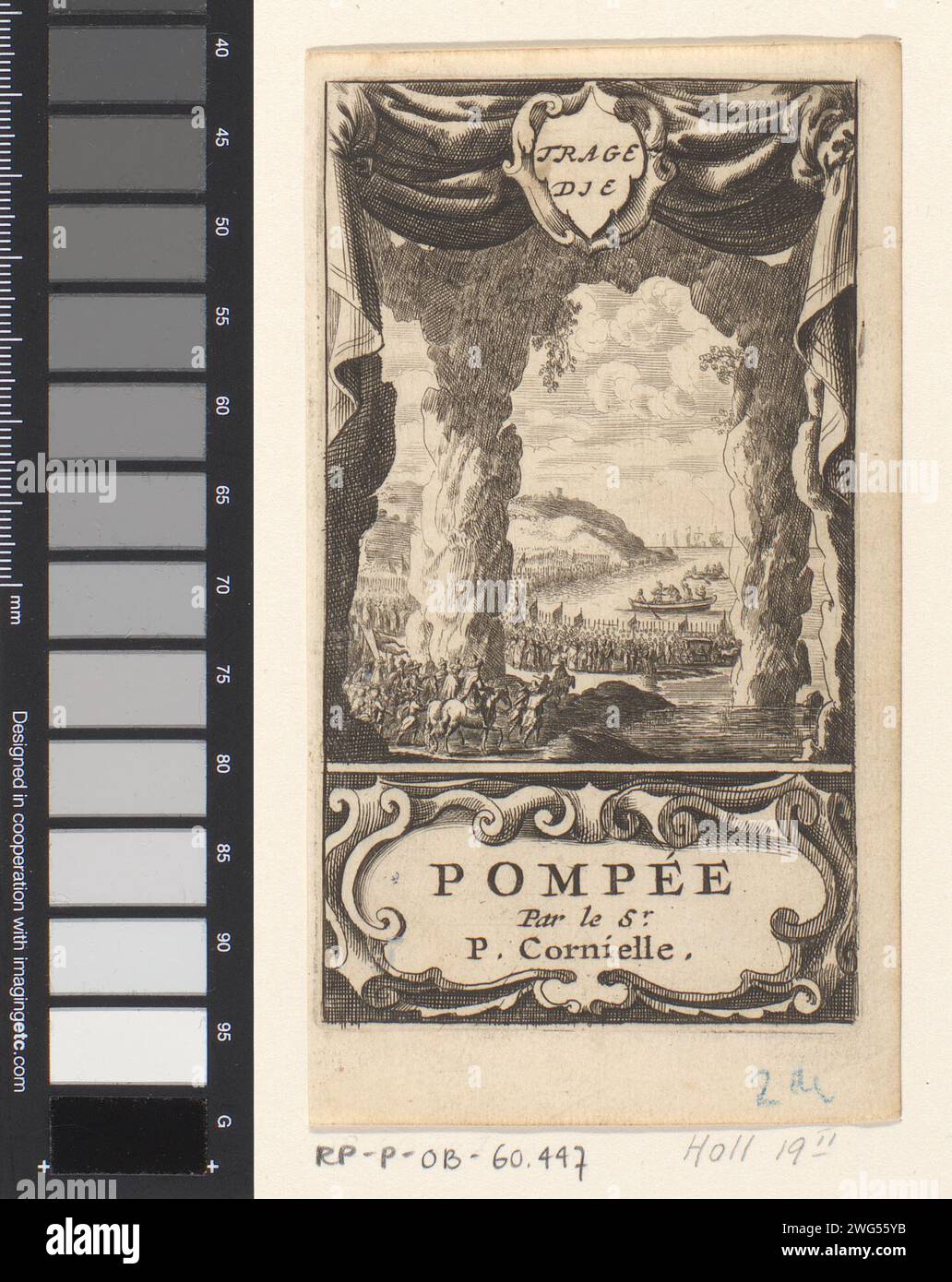 Death of Pompey, Abraham Dircksz. Santvoort, 1681 print A large crowd is partly in and partly in front of a cave. Among them soldiers and dignitaries. They look at a few ships. Pompey is killed on the boat off the coast. Under a cartouche with the title. print maker: Netherlandspublisher: Amsterdam paper etching title-page. theatre, theatrical performance. cave, grotto. ships (in general) - CC - more than one ship. crowd, mob. attempt, political murder Stock Photo