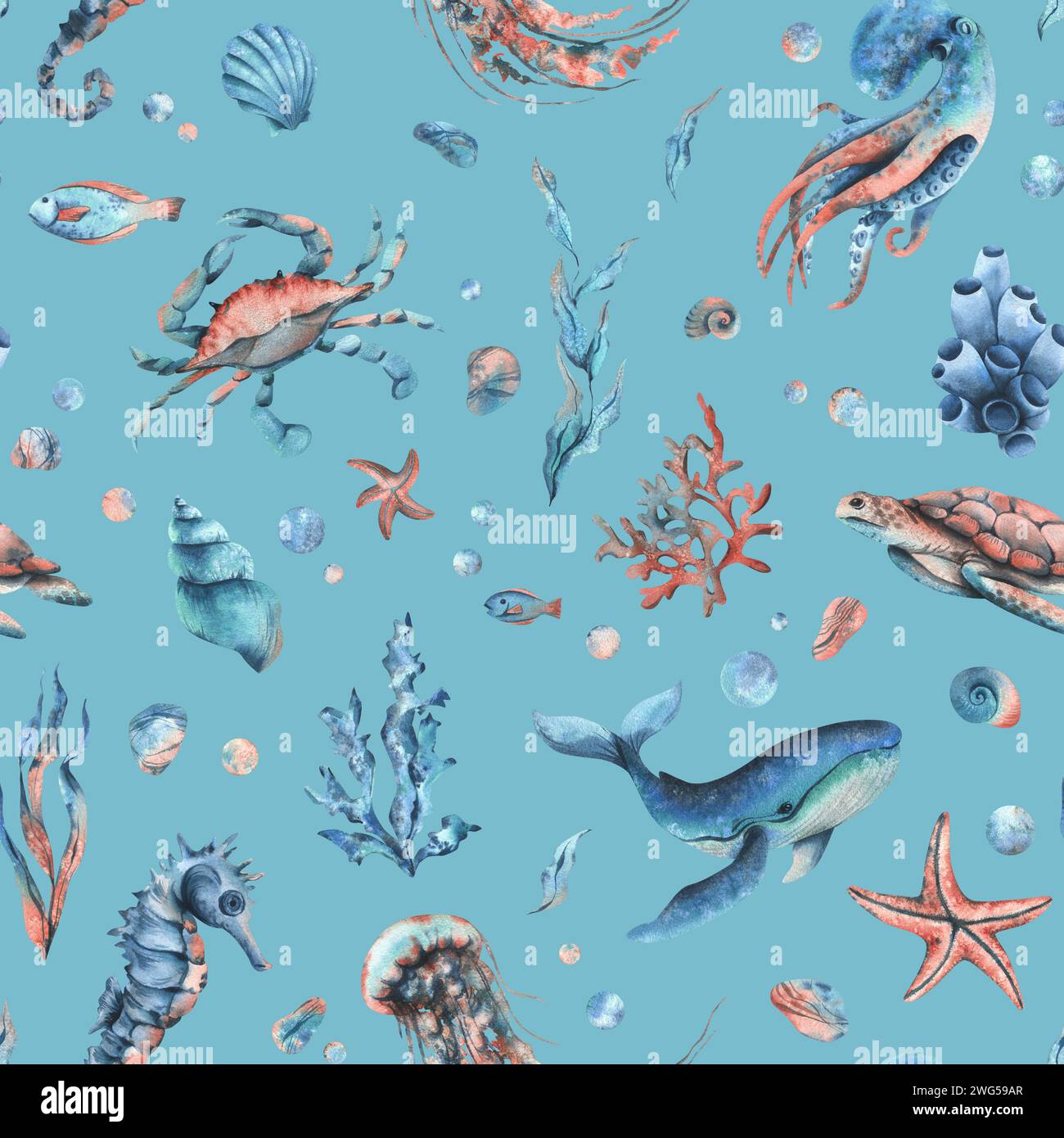 Underwater world clipart with sea animals whale, turtle, octopus ...