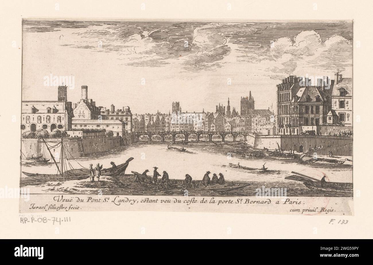 View of the Pont-Saint-Landry, Israel Silvestre, 1631-1691 print  France paper etching bridge in city across river, canal, etc. Paris Stock Photo