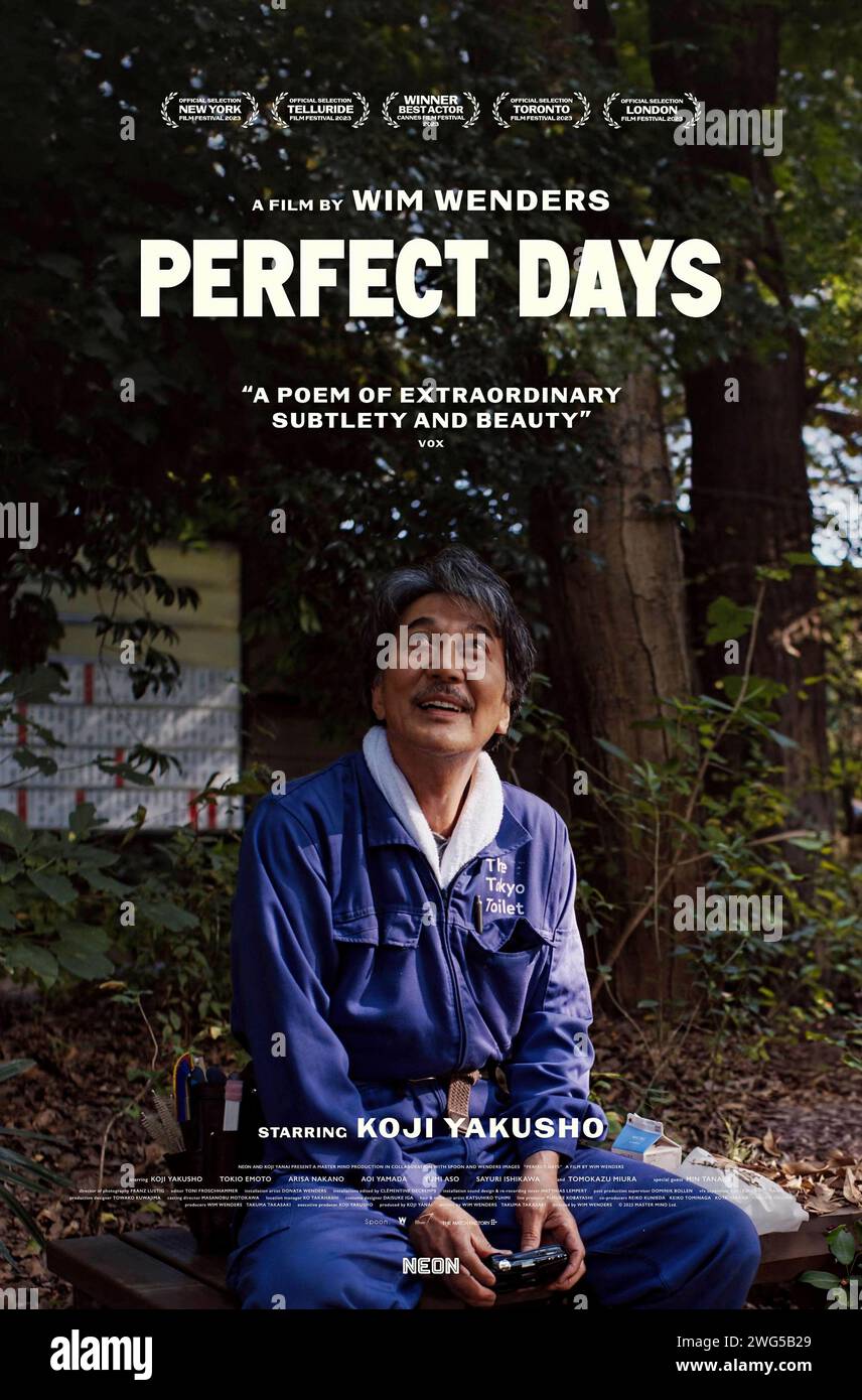 Perfect Days (2024) directed by Wim Wenders and starring Koji Yakusho, Tokio Emoto and Arisa Nakano. A contented janitor in Japan drives between jobs listening to rock music and through a series of unexpected encounters we lean about his past. US one sheet poster ***EDITORIAL USE ONLY***. Credit: BFA / Neon Stock Photo