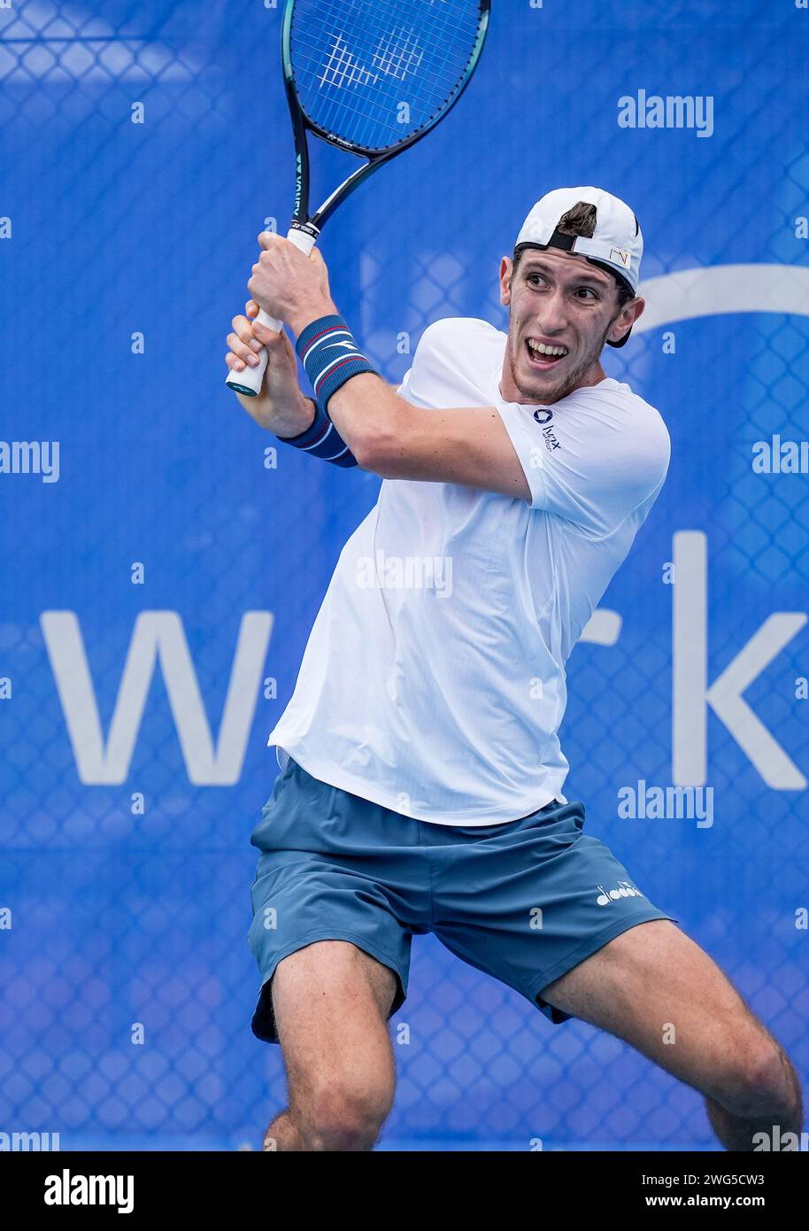 Francesco Maestrelli of Italy in action during Qualifying for the 2024 Canberra International ATP Challenger 125 tournament Stock Photo