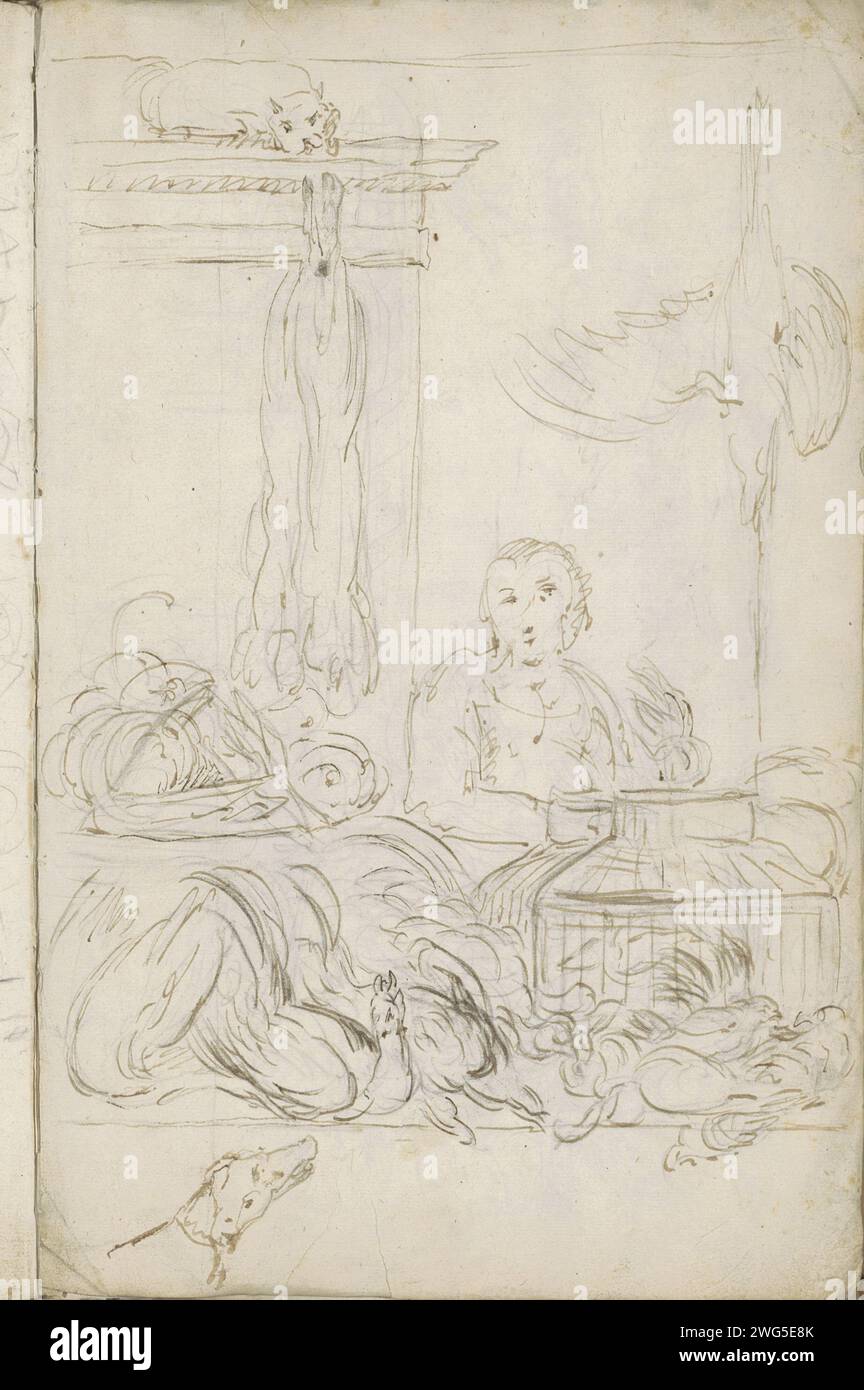 Kitchen piece with a woman and dead poultry, 1605 - 1678  The woman, presumably a saleswoman, stands at a table on which dead poultry is displayed. There are also two cages on the table. In the background there is a dead bird and the skin of an animal, possibly a hare. Page 14 Recto from a sketchbook with 15 sheets.  paper. ink. pencil. chalk pen kitchen-interior with foodstuffs in foreground (Dutch: 'keukenstuk'). birds (+ animal killed by man). merchant, salesman - BB - women engaged in trade and commerce Stock Photo