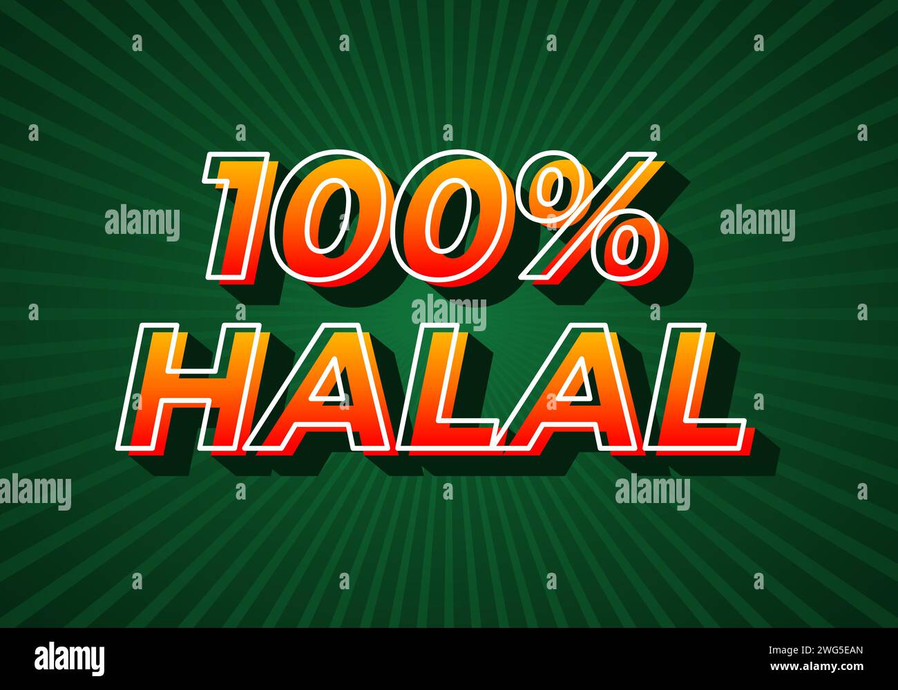 100% halal. Text effect design in gradient yellow red color. 3D look. dark green background Stock Vector