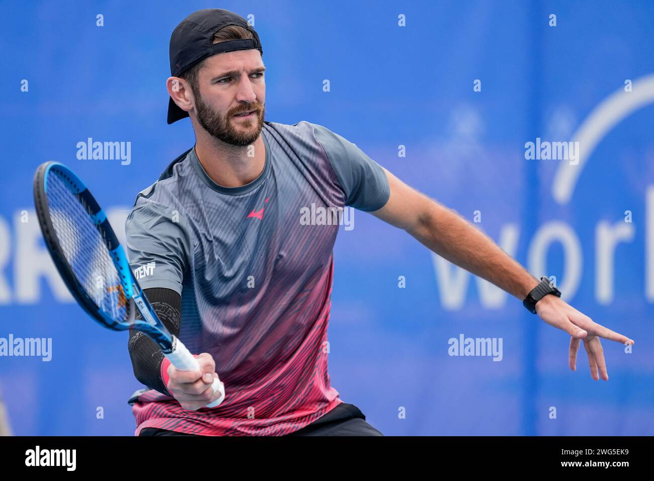 Andrea Vavassori of Italy in action during Qualifying for the 2024 Canberra International ATP Challenger 125 tournament Stock Photo