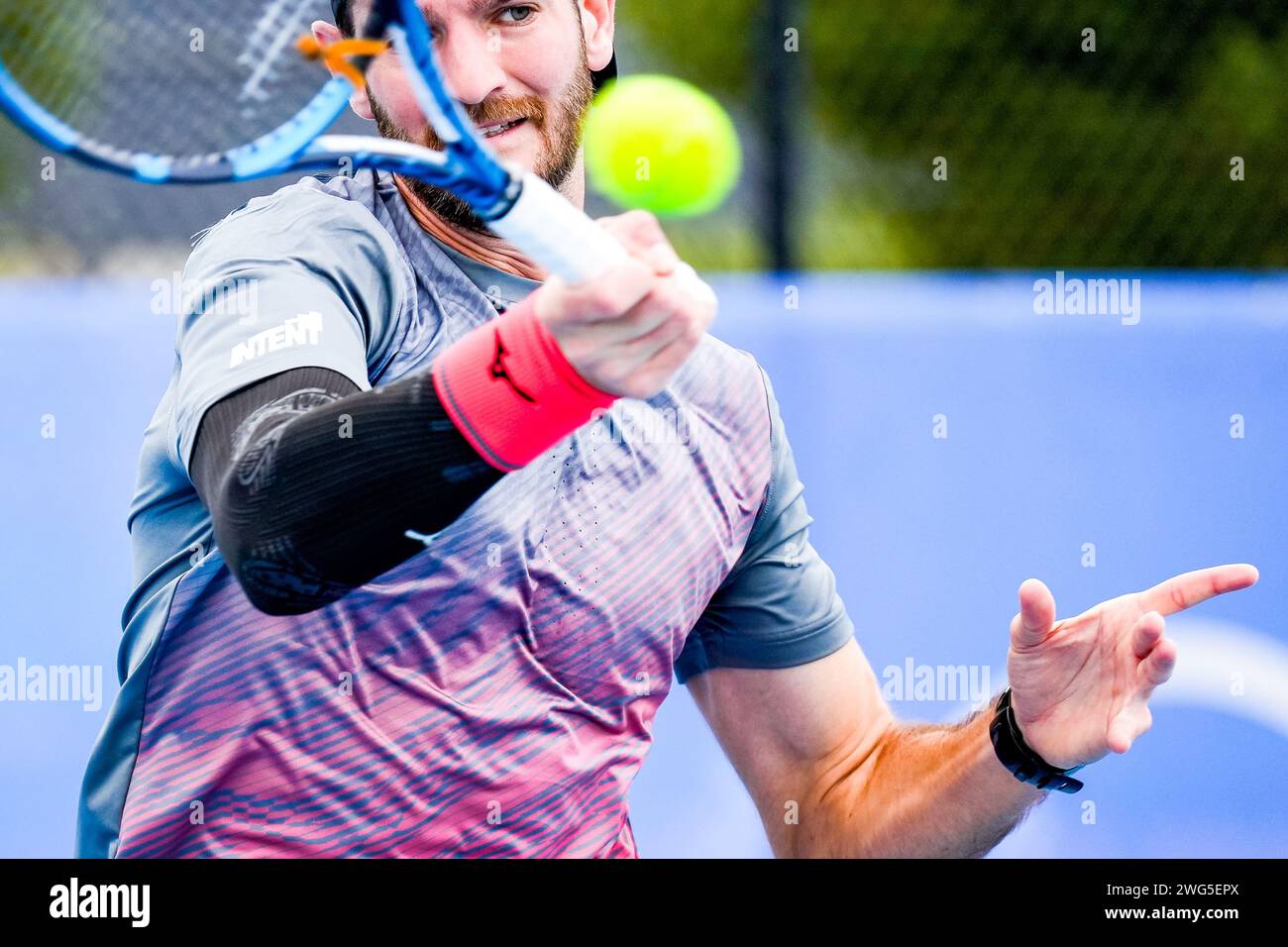 Andrea Vavassori of Italy in action during Qualifying for the 2024 Canberra International ATP Challenger 125 tournament Stock Photo