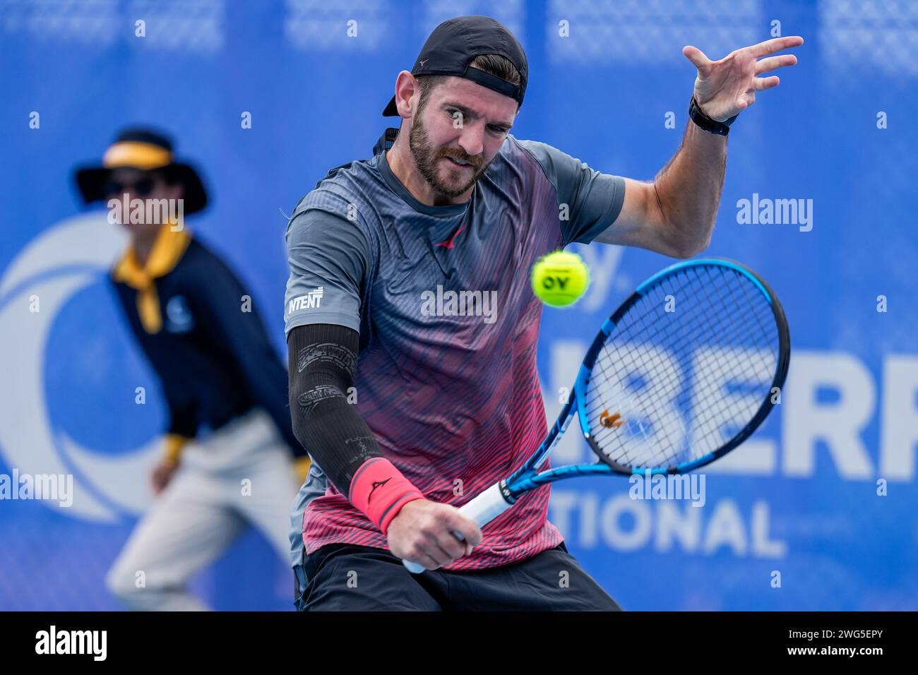 Andrea Vavassori of Italy in action during Qualifying for the 2024 Canberra International ATP Challenger 125 tournament Stock Photo