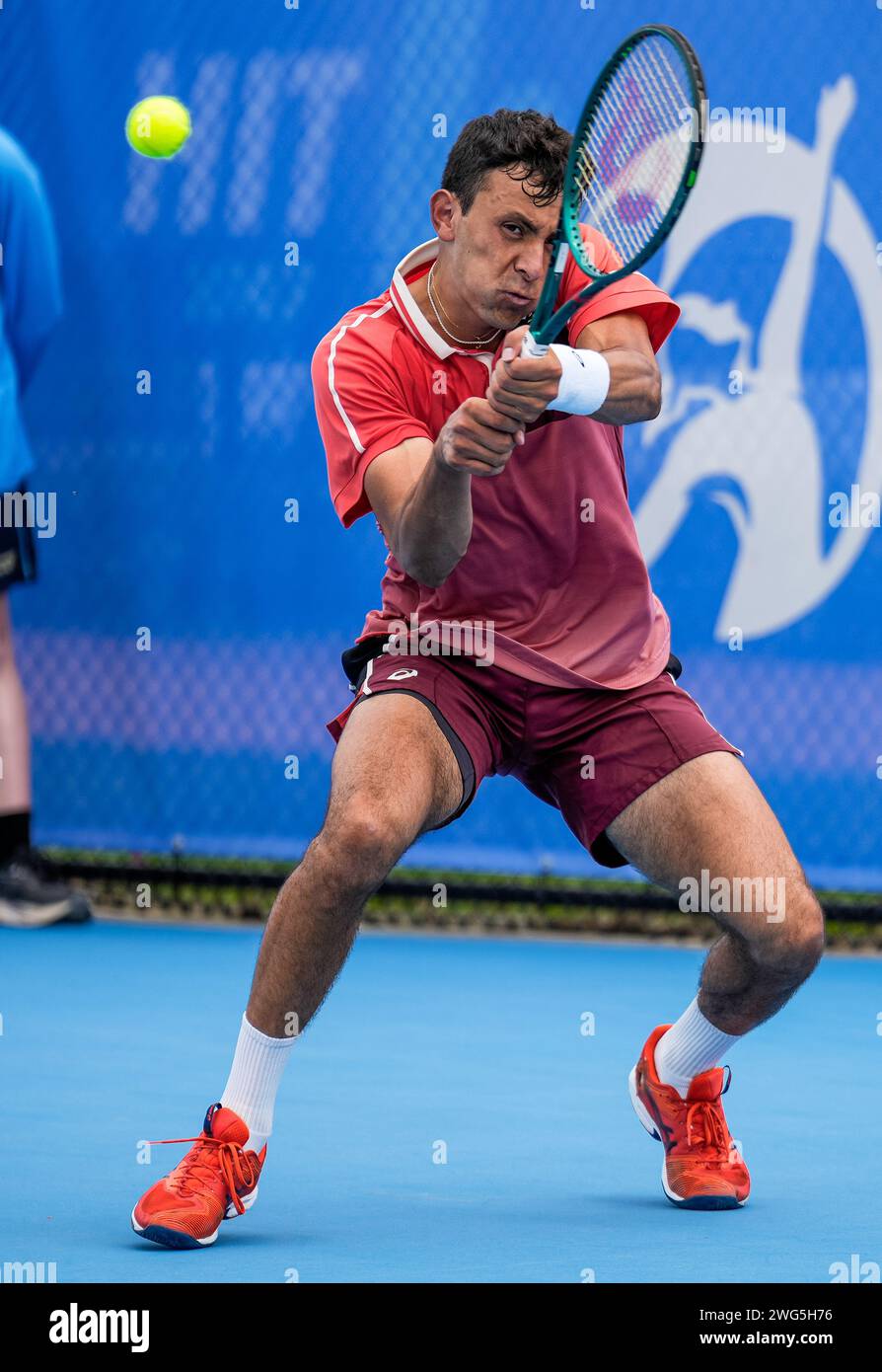 Emilio Nava of the USA in action during the Round of 32 of the 2024 Canberra International ATP Challenger 125 tournament Stock Photo