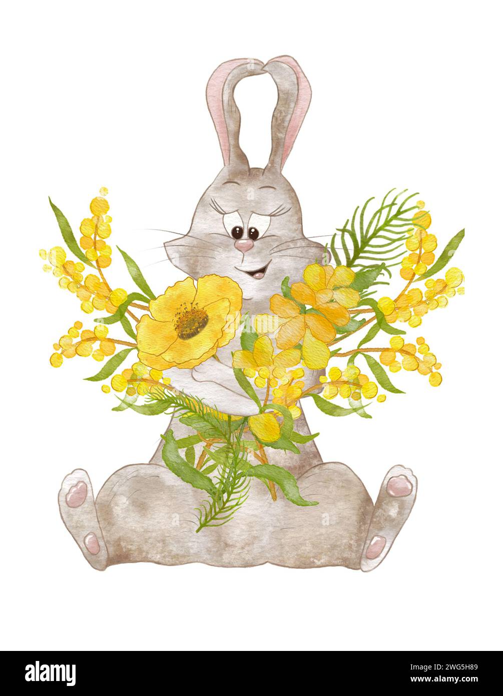 Rabbit. Eared cheerful rabbit with a bouquet of yellow flowers ...