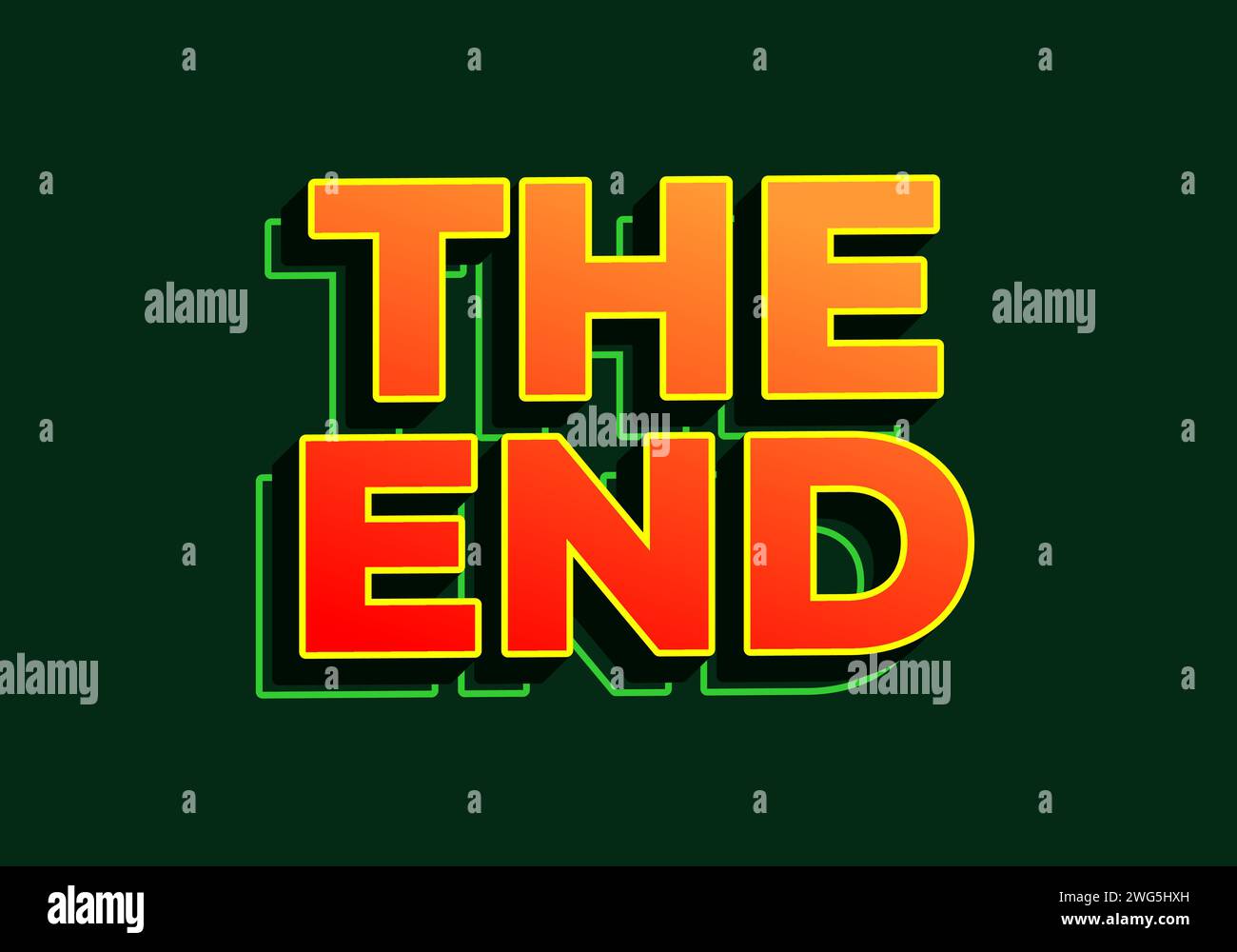 The end. Text effect design in 3D look. red yellow color. Dark green