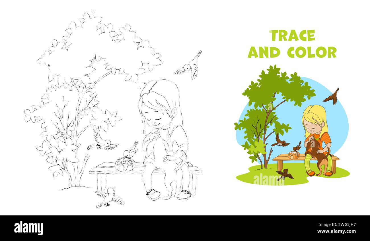 Tracing coloring page with cartoon girl petting puppy and feeding birds in city park or in yard. Preschool worksheet. Cartoon vector illustration. Stock Vector