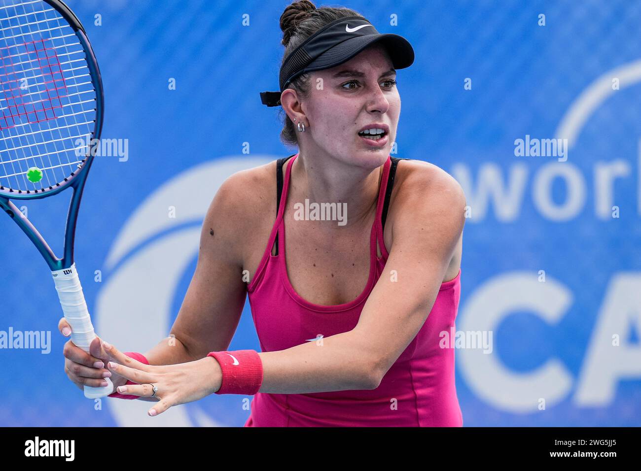 Oceane Dodin of France in action during the Round of 32 of the 2024 Canberra International WTA 125 tournament Stock Photo