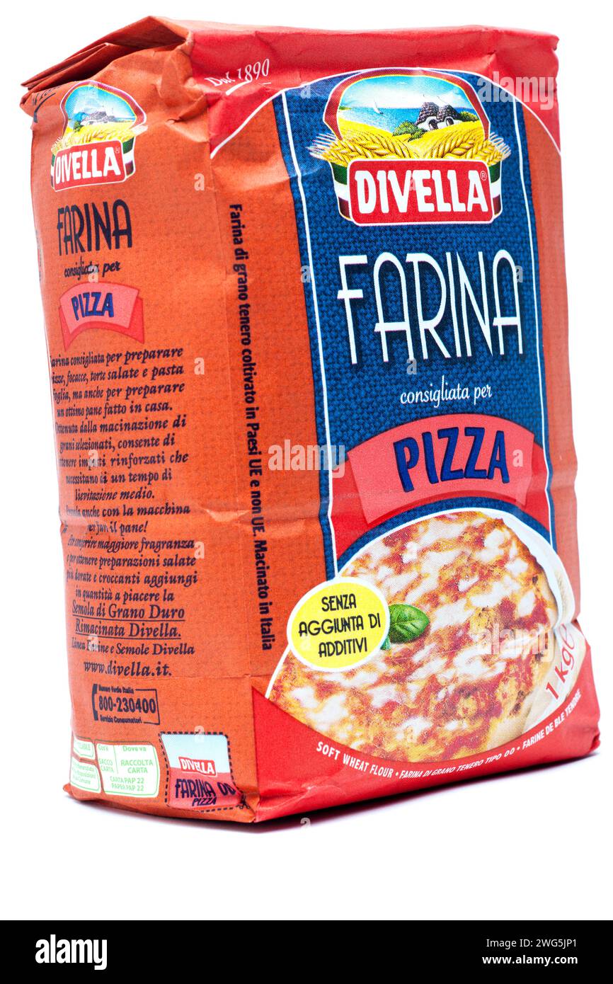 1 kg Bag of Divella Farina Pizza Flour on a White Background Stock Photo