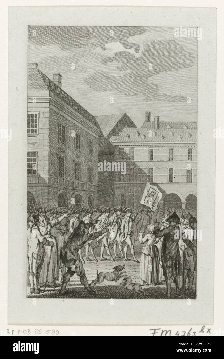 Wait of the Wacht at the Binnenhof with a shameful banner, 1787, Reinier Vinkeles (I), After Jacobus Buys, in Or Before 1796 print At the Binnenhof in The Hague, the watch is being done with a shameful banner on which a gallows is placed around the Netherlands Lion, February 18, 1787. print maker: Amsterdamafter drawing by: Northern Netherlands paper etching / engraving drill  military training Courtyard Stock Photo