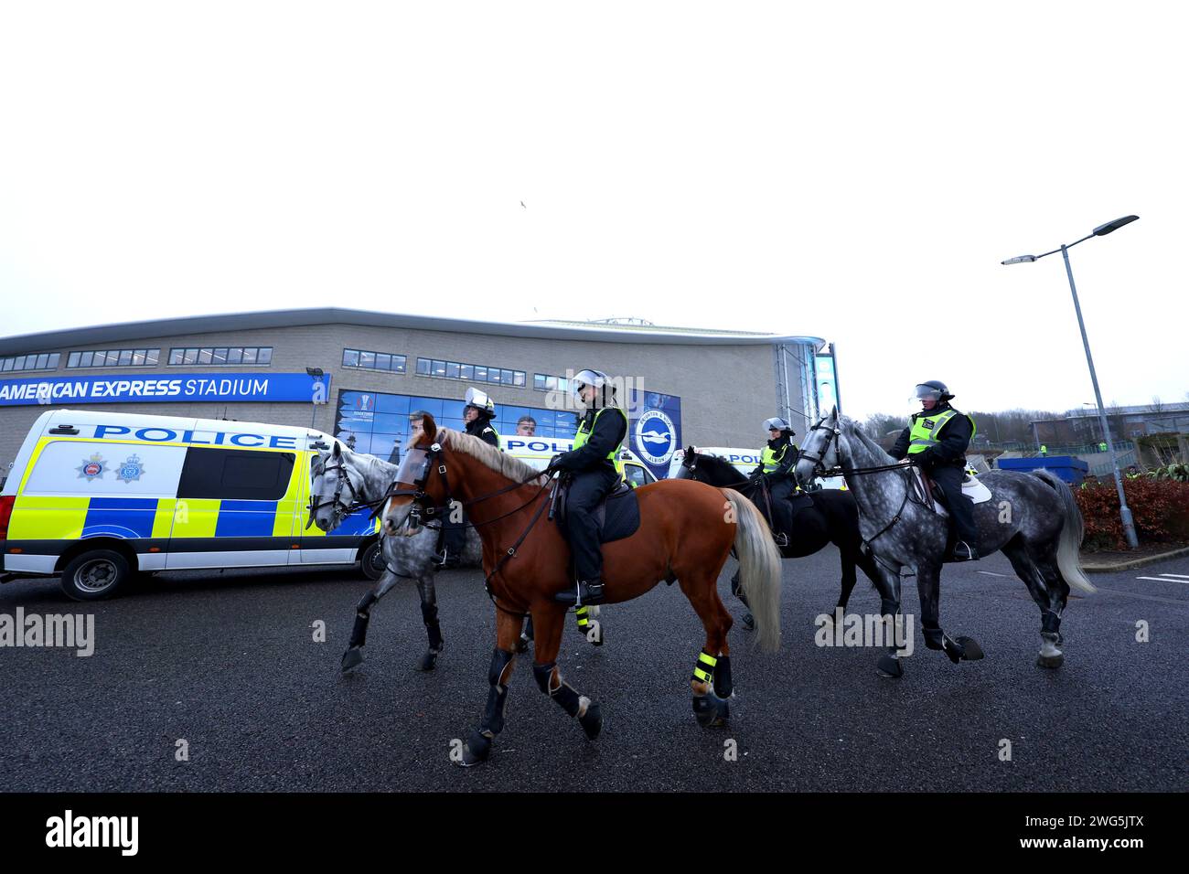 Mounted police patrol outside of the stadium ahead of the Premier ...