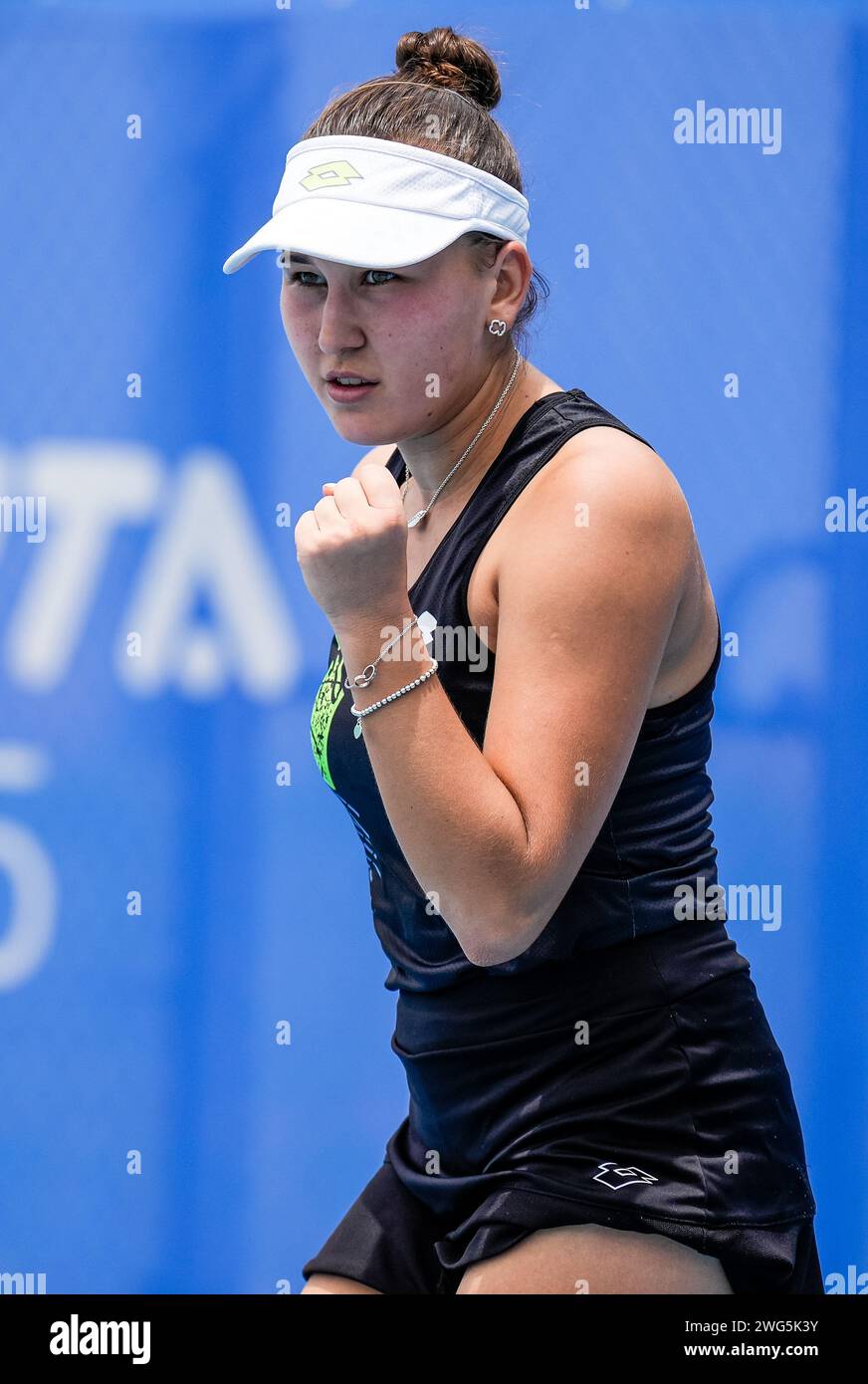 Kamilla Rahkimova in action during the Round of 32 of the 2024 Canberra